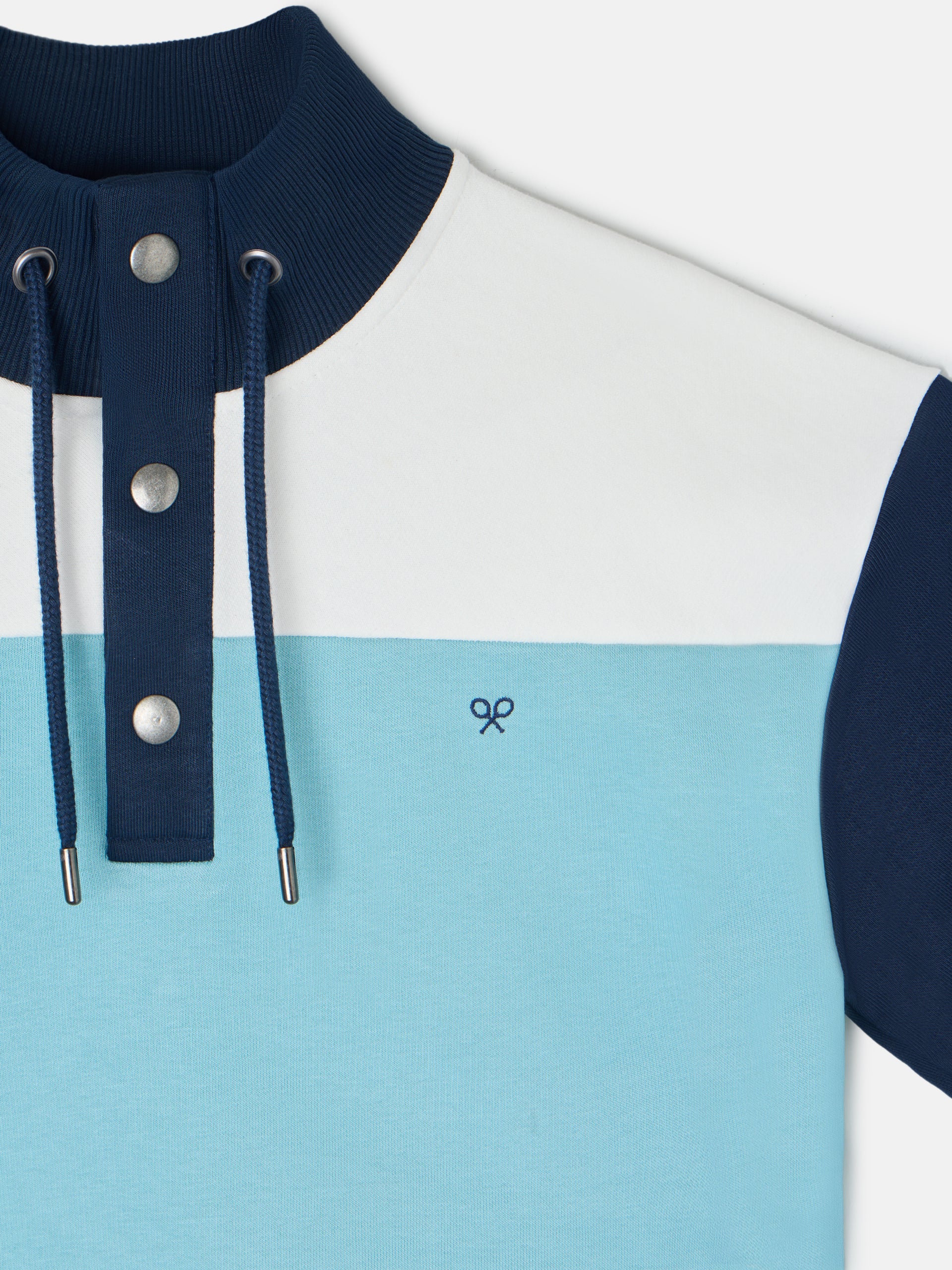 Tricolor women's sweatshirt with blue buttoned collar