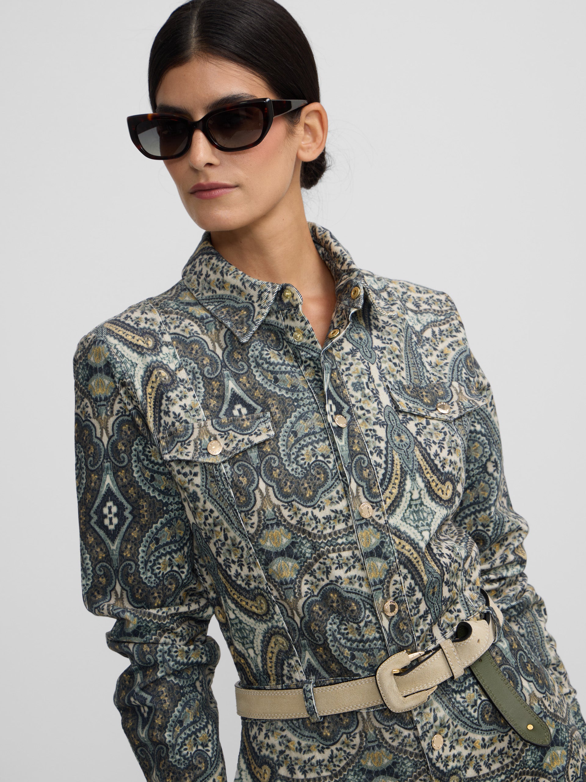 Green cashmere print corduroy jumpsuit