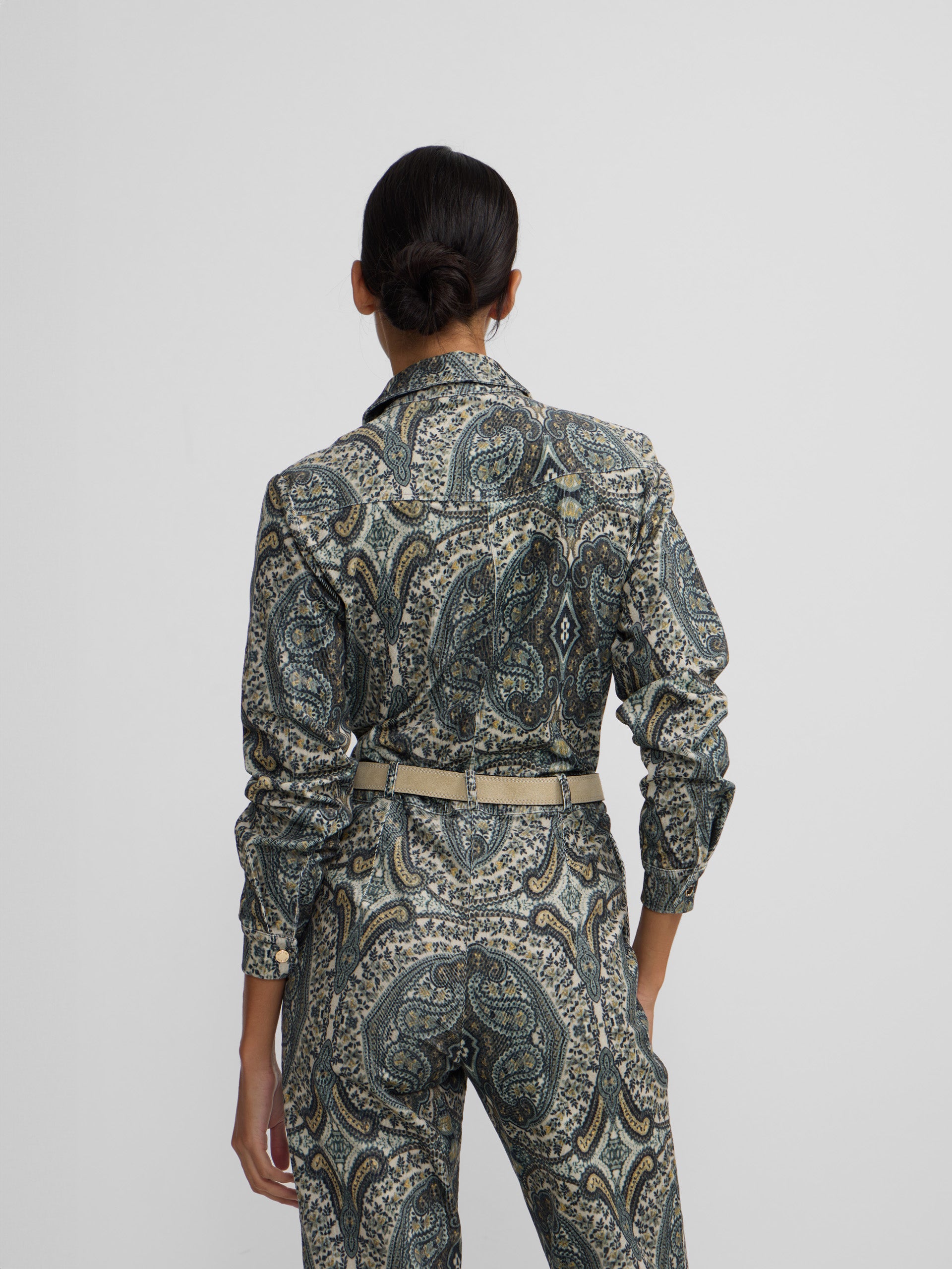 Green cashmere print corduroy jumpsuit