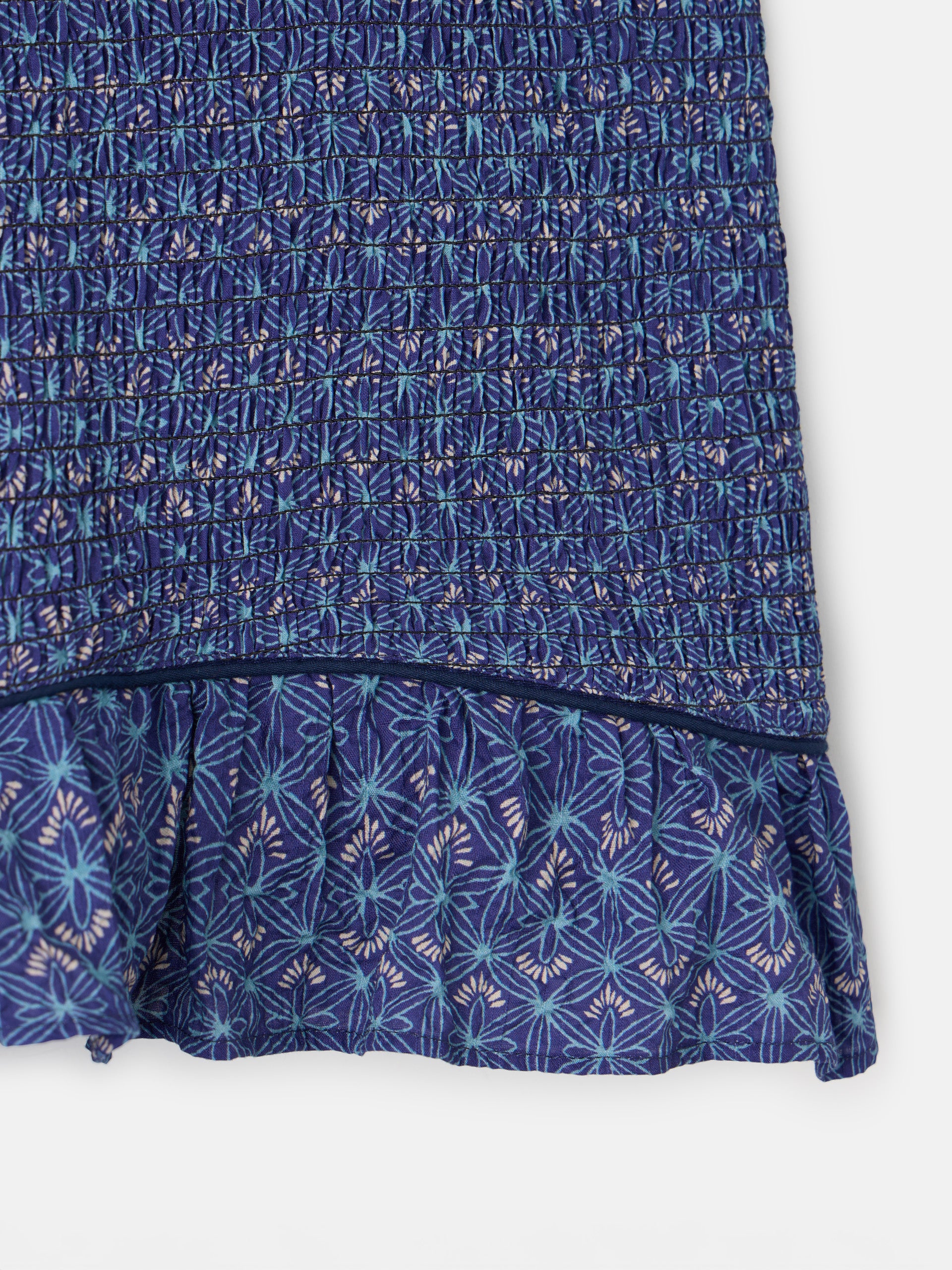 Vestido mini franzido estampado azul