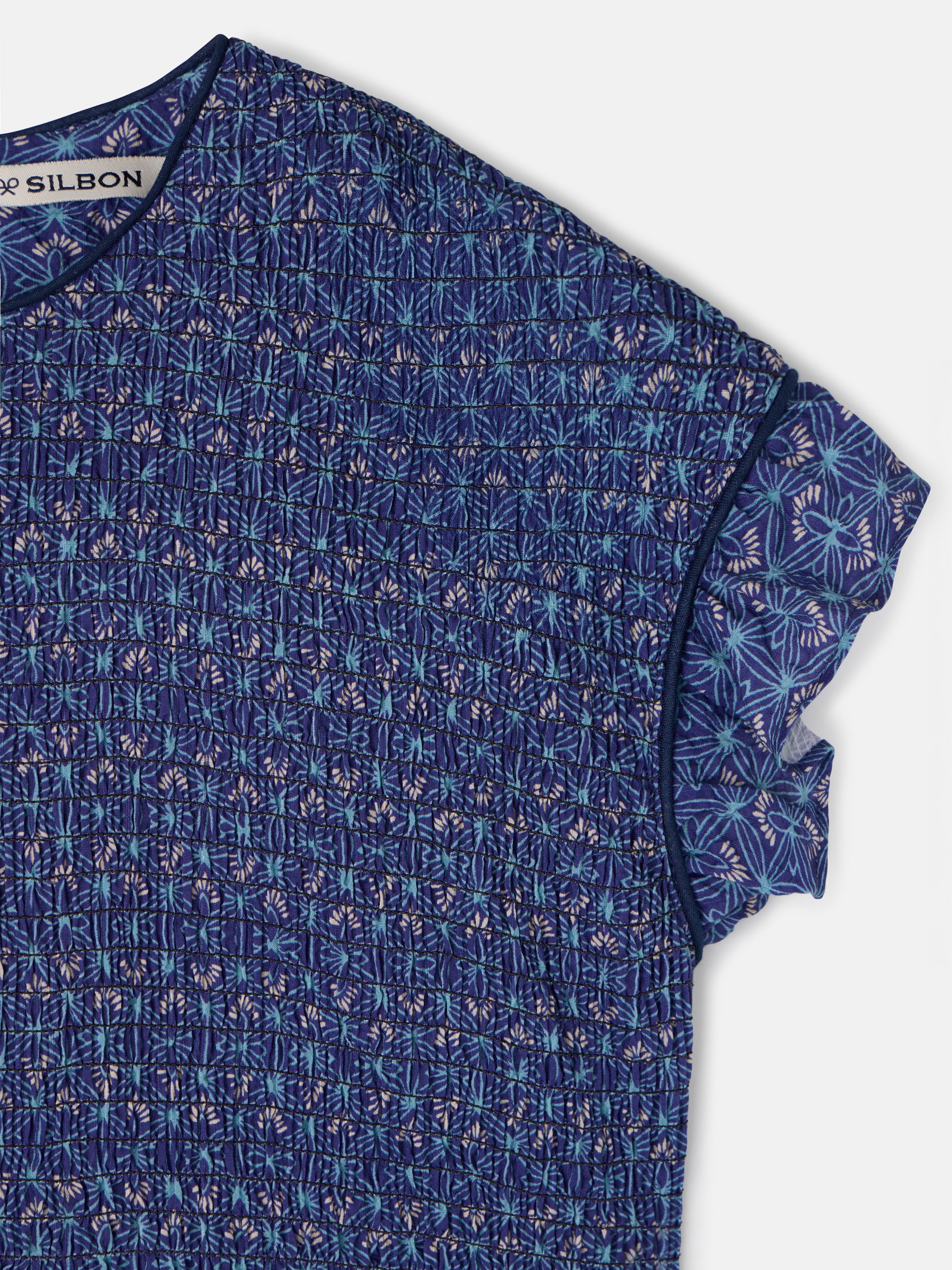 Vestido mini franzido estampado azul