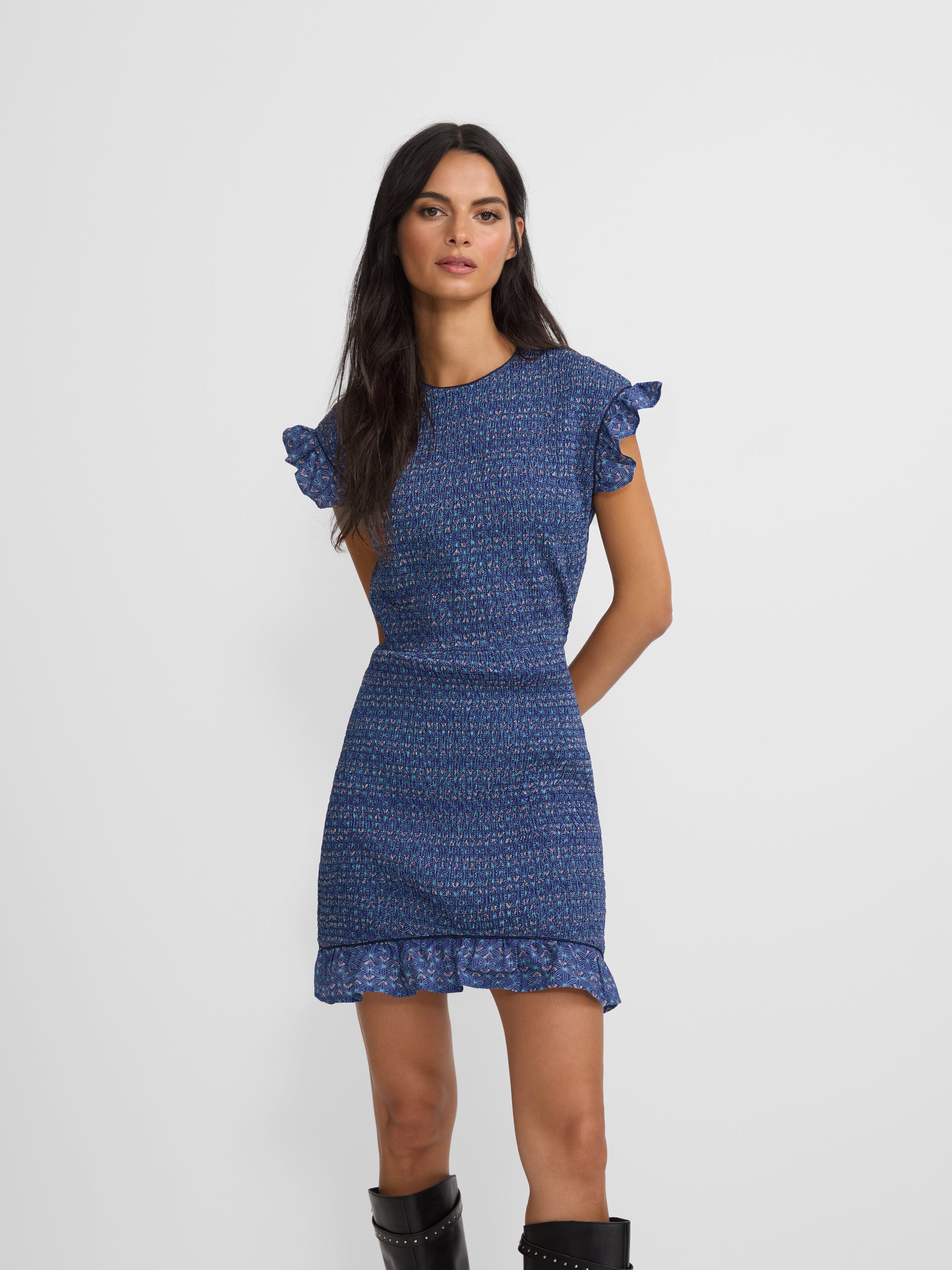 Blue printed ruched mini dress