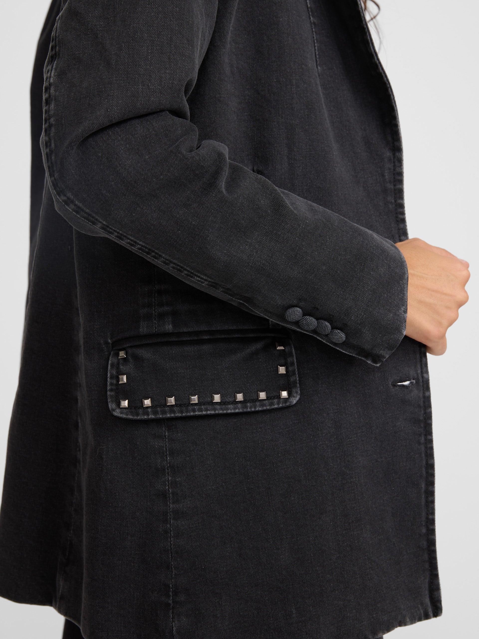 gray studded denim blazer