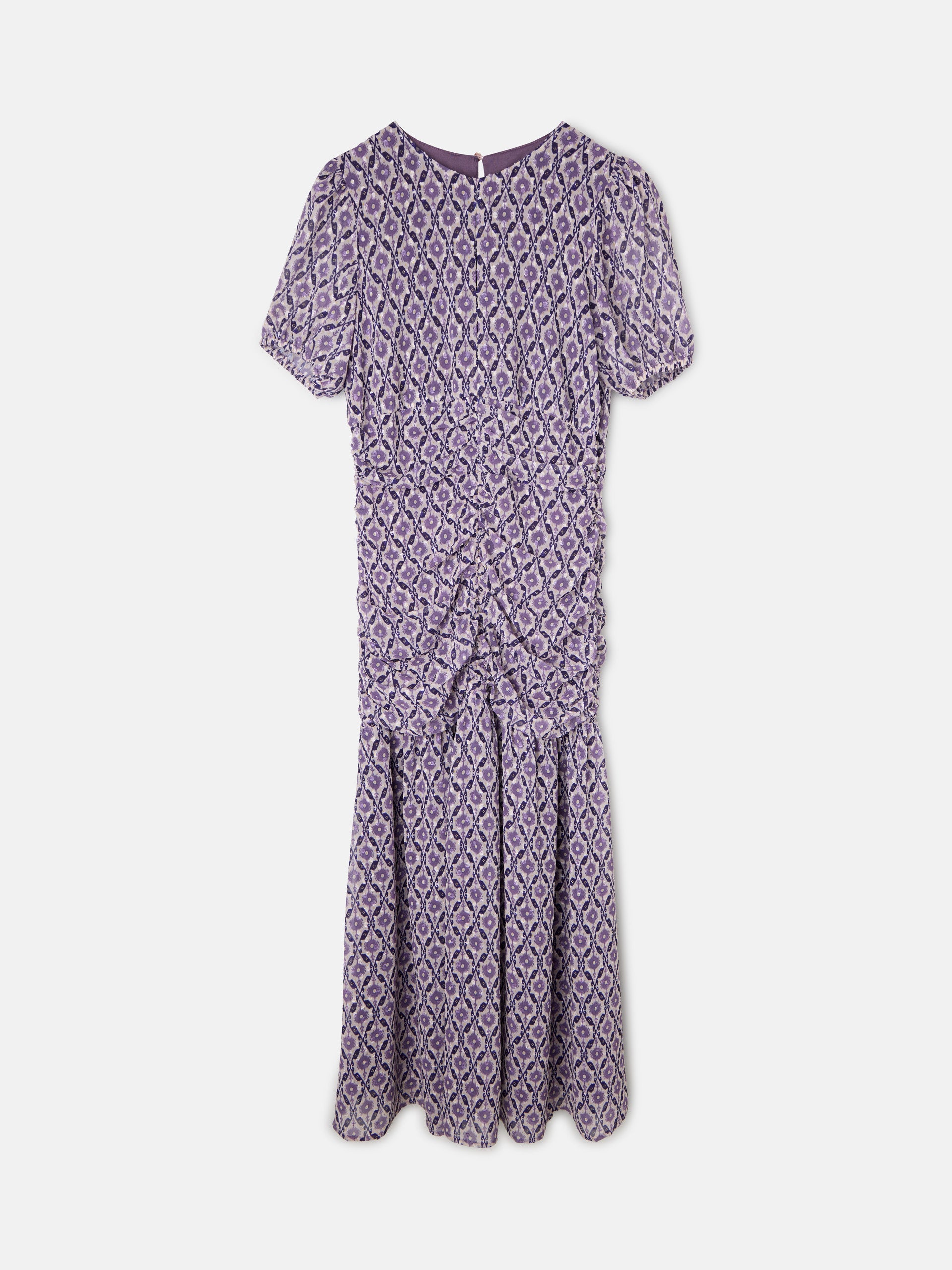 Vestido comprido franzido estampado malva