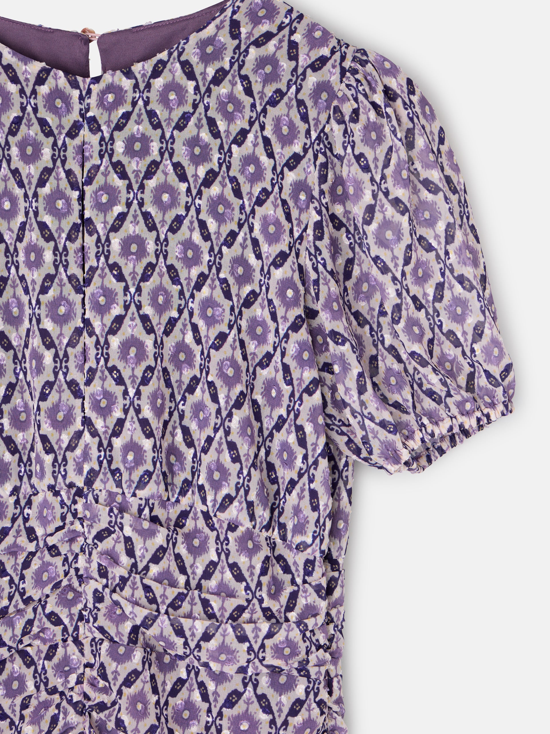 Vestido comprido franzido estampado malva