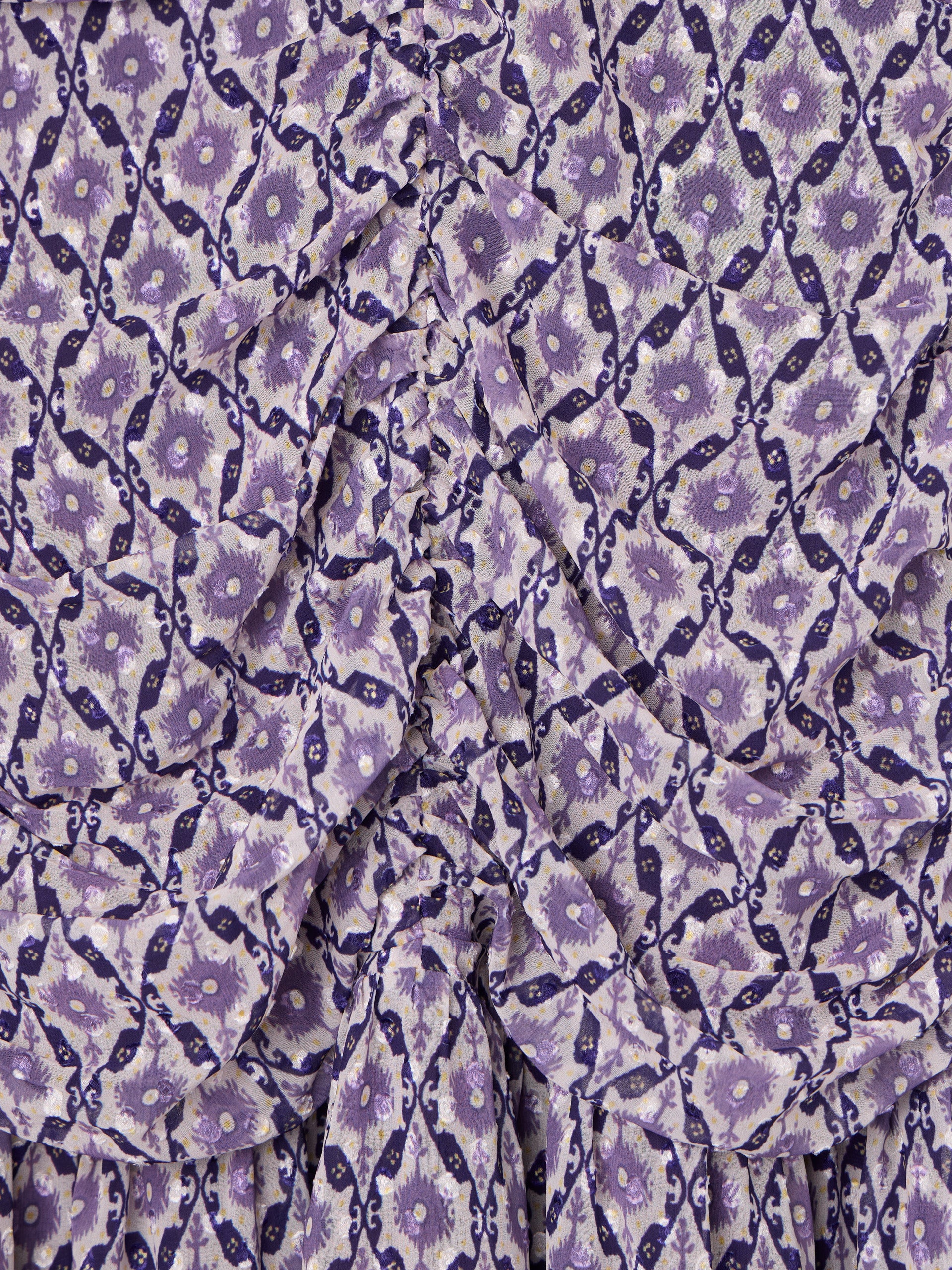 Vestido comprido franzido estampado malva