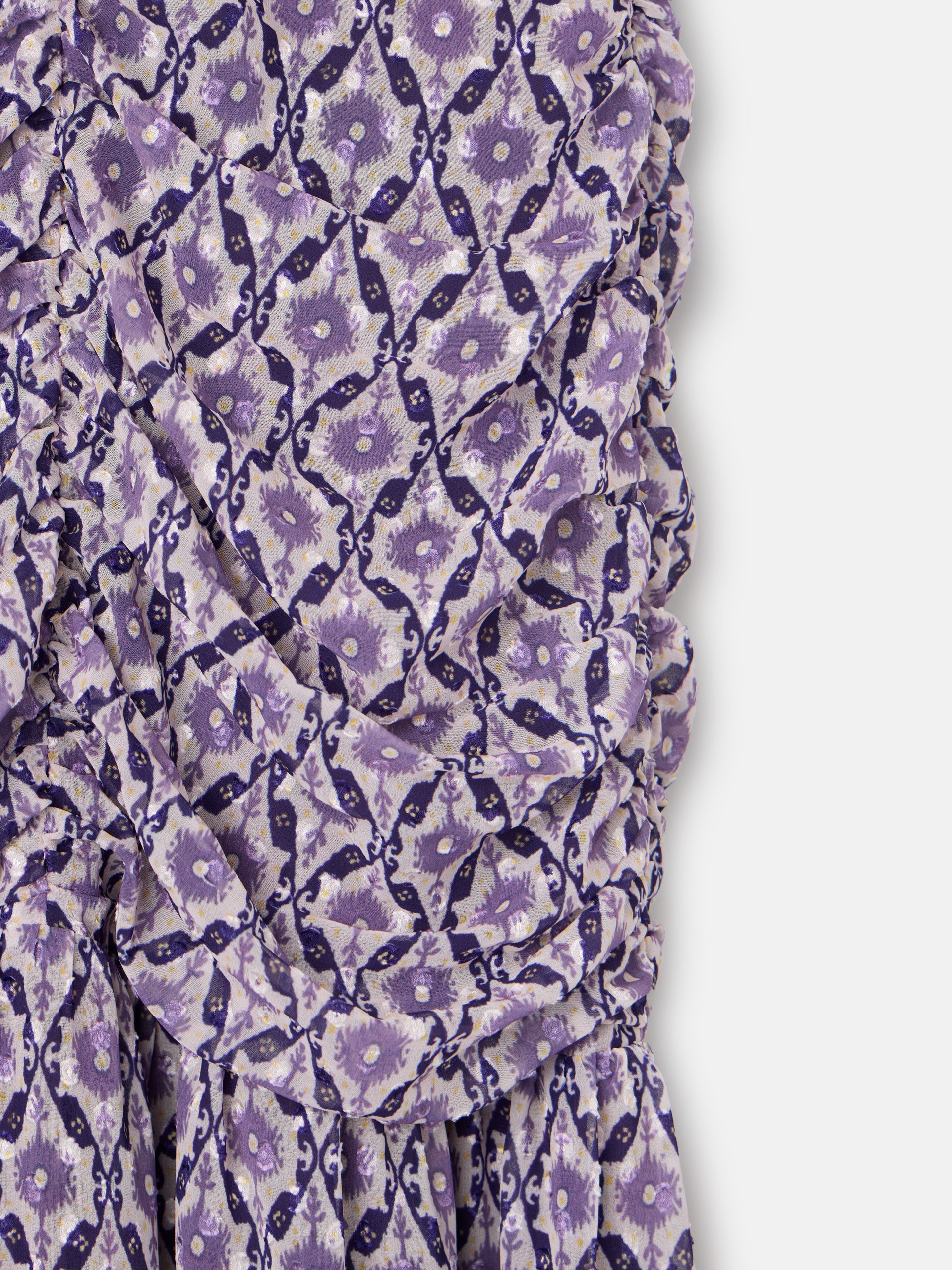 Vestido comprido franzido estampado malva