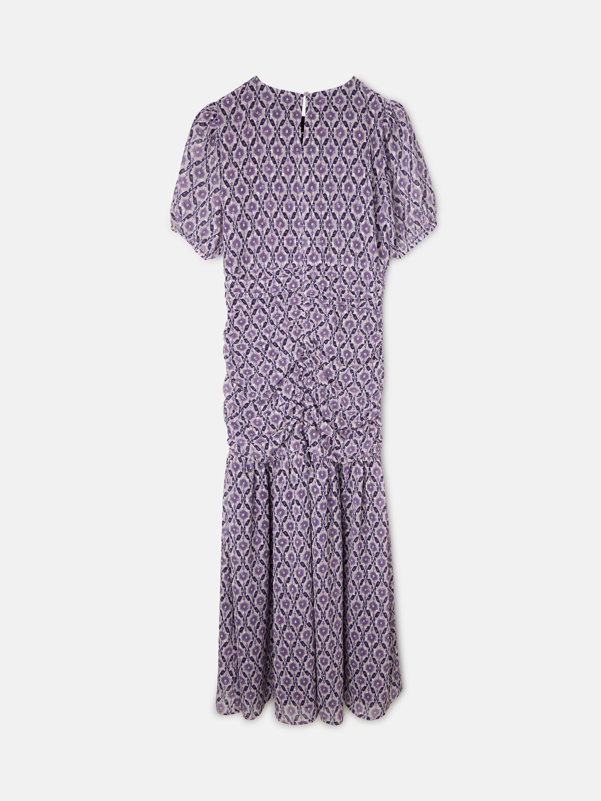 Vestido comprido franzido estampado malva