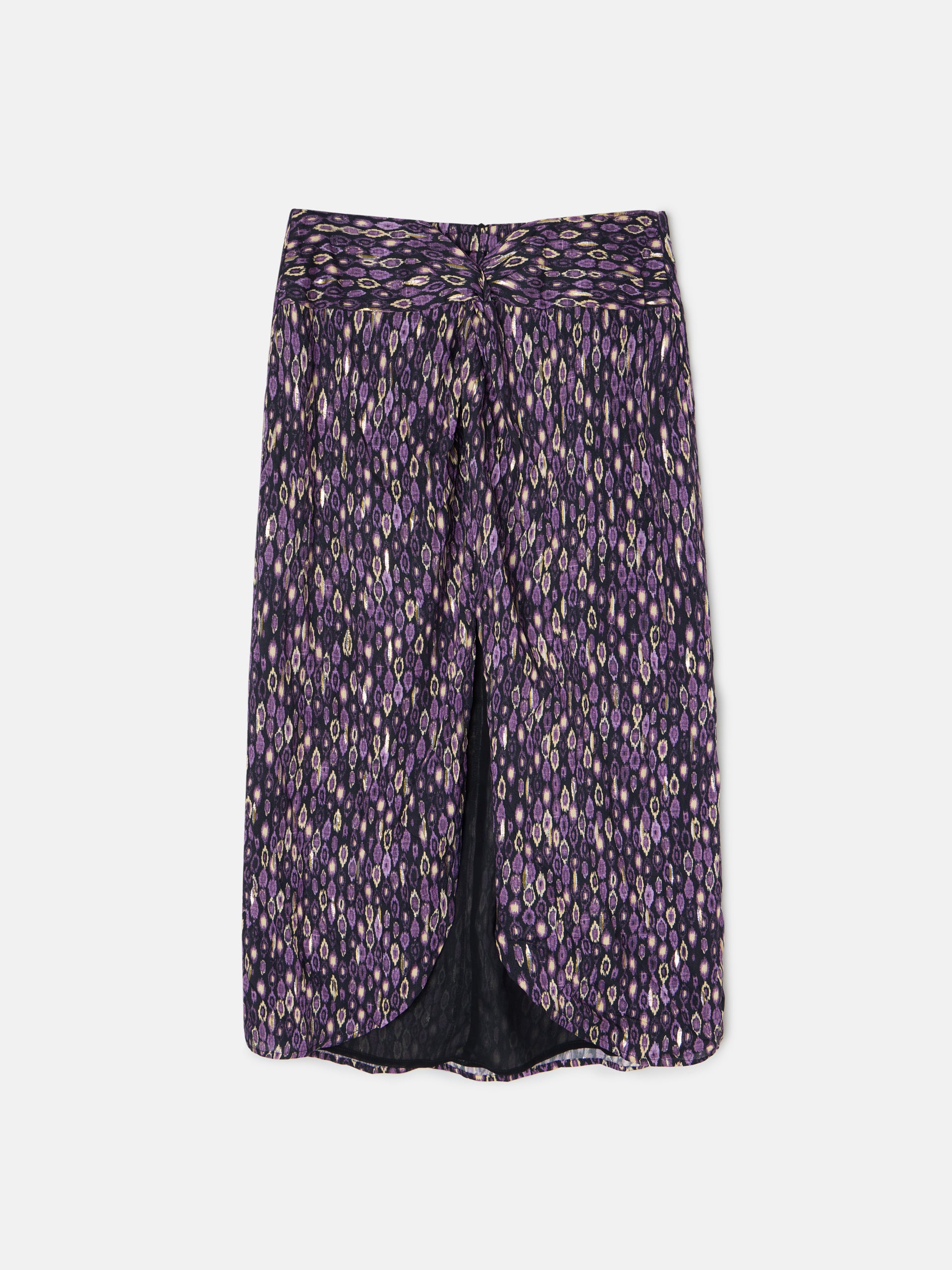 Purple ikat print midi skirt with opening