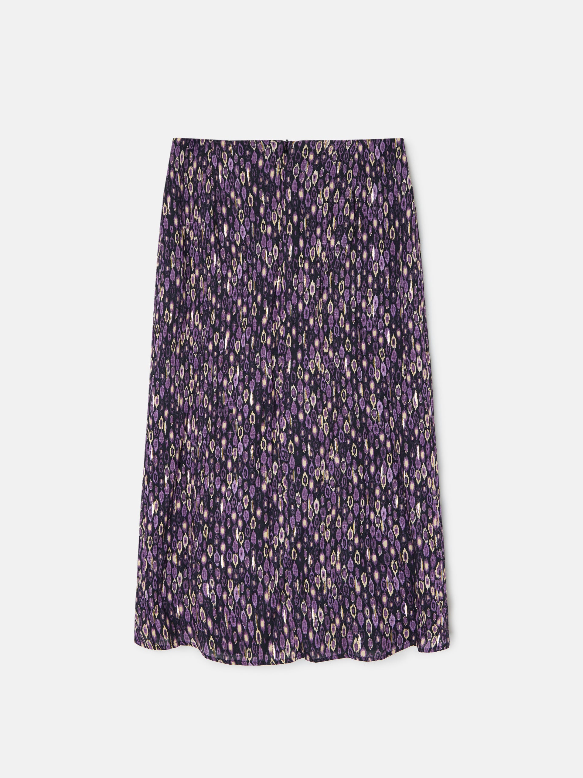 Purple ikat print midi skirt with opening