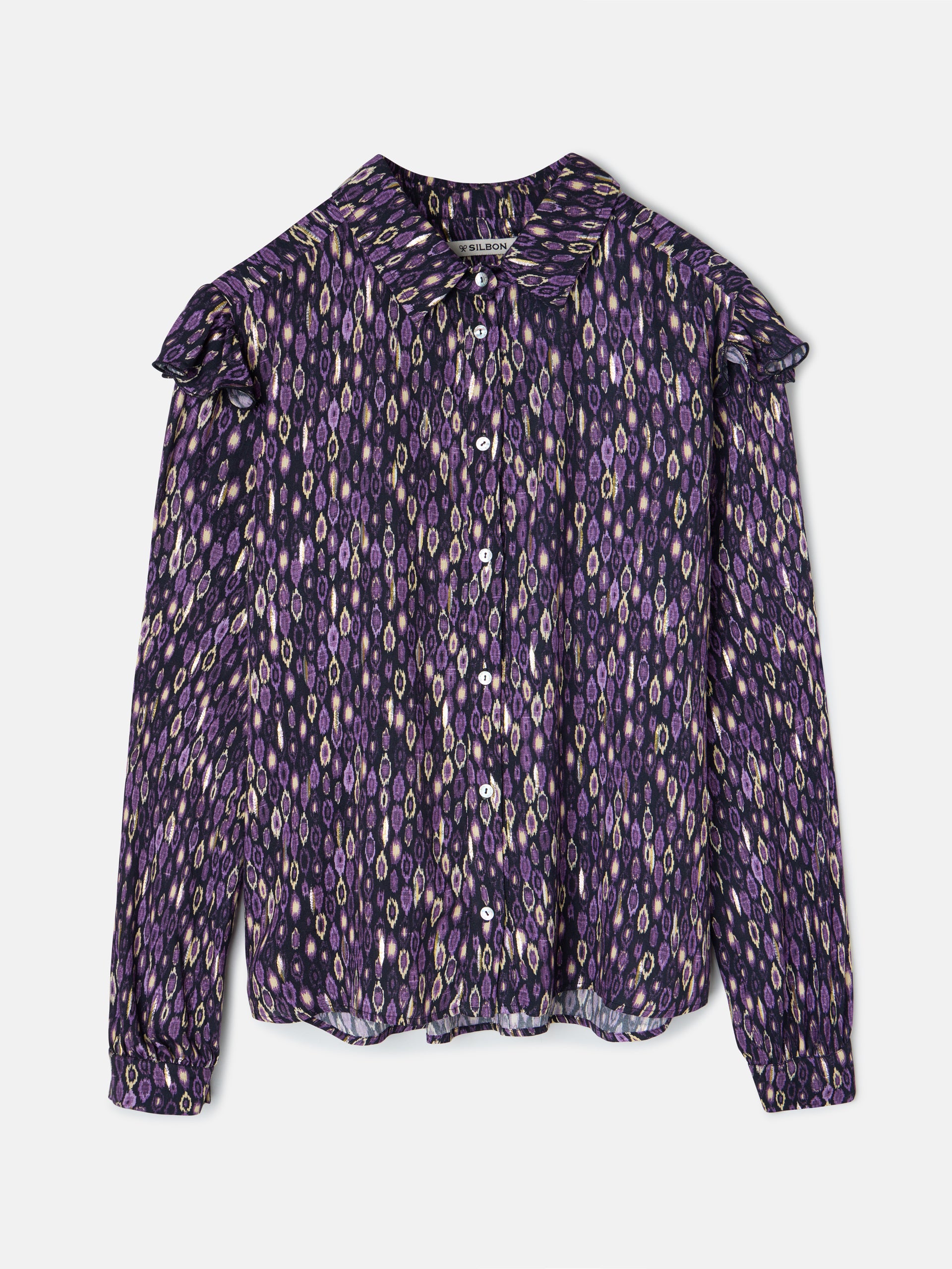 Camisa volantes hombro estampado ikat morados