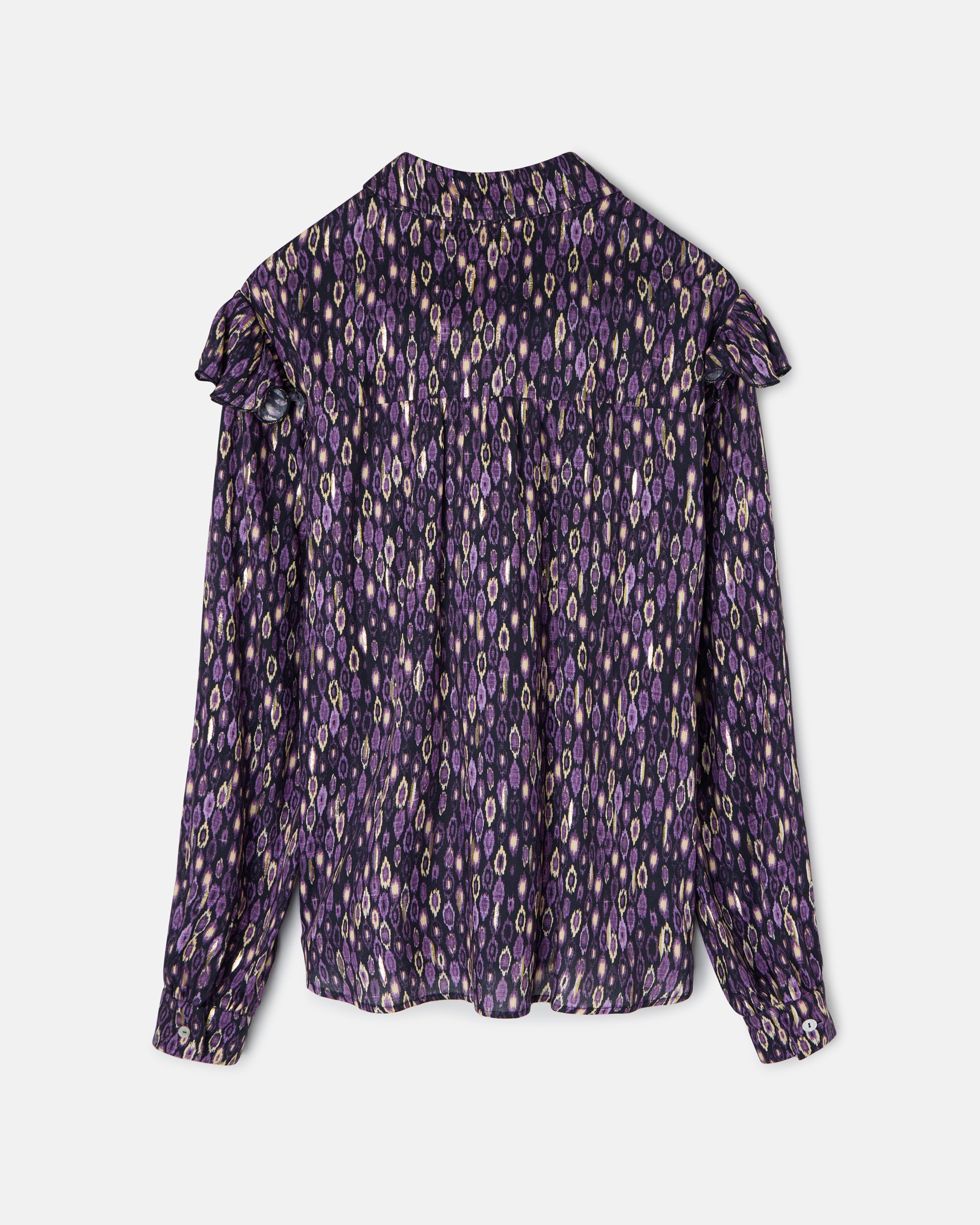 Camisa volantes hombro estampado ikat morados