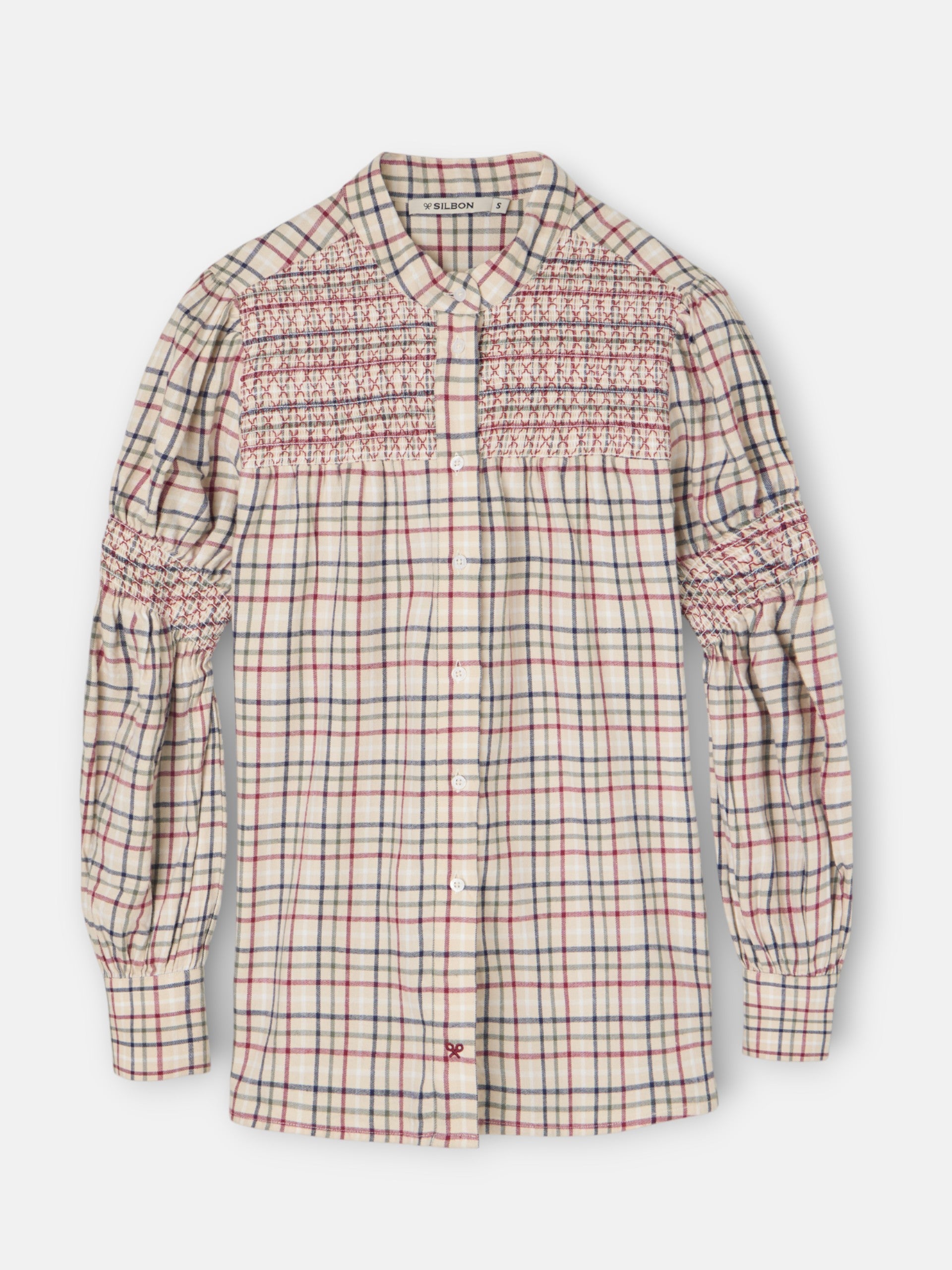 Chemise froncée à carreaux grenat et bleu