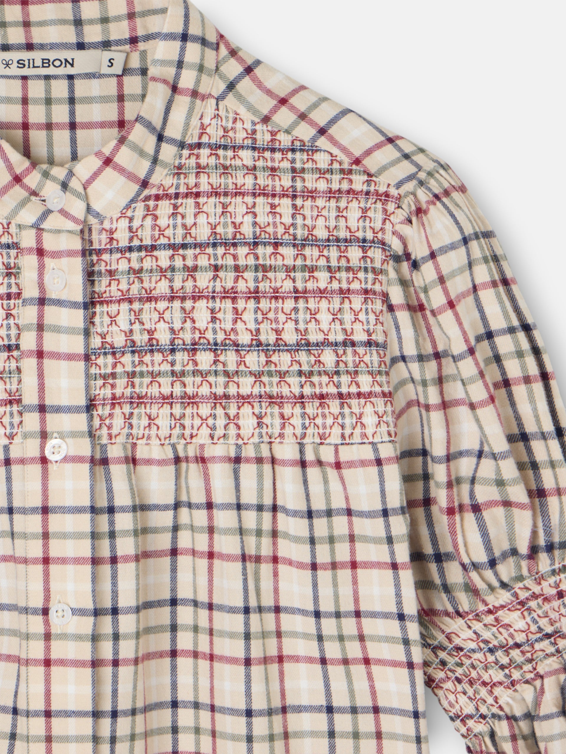 Chemise froncée à carreaux grenat et bleu