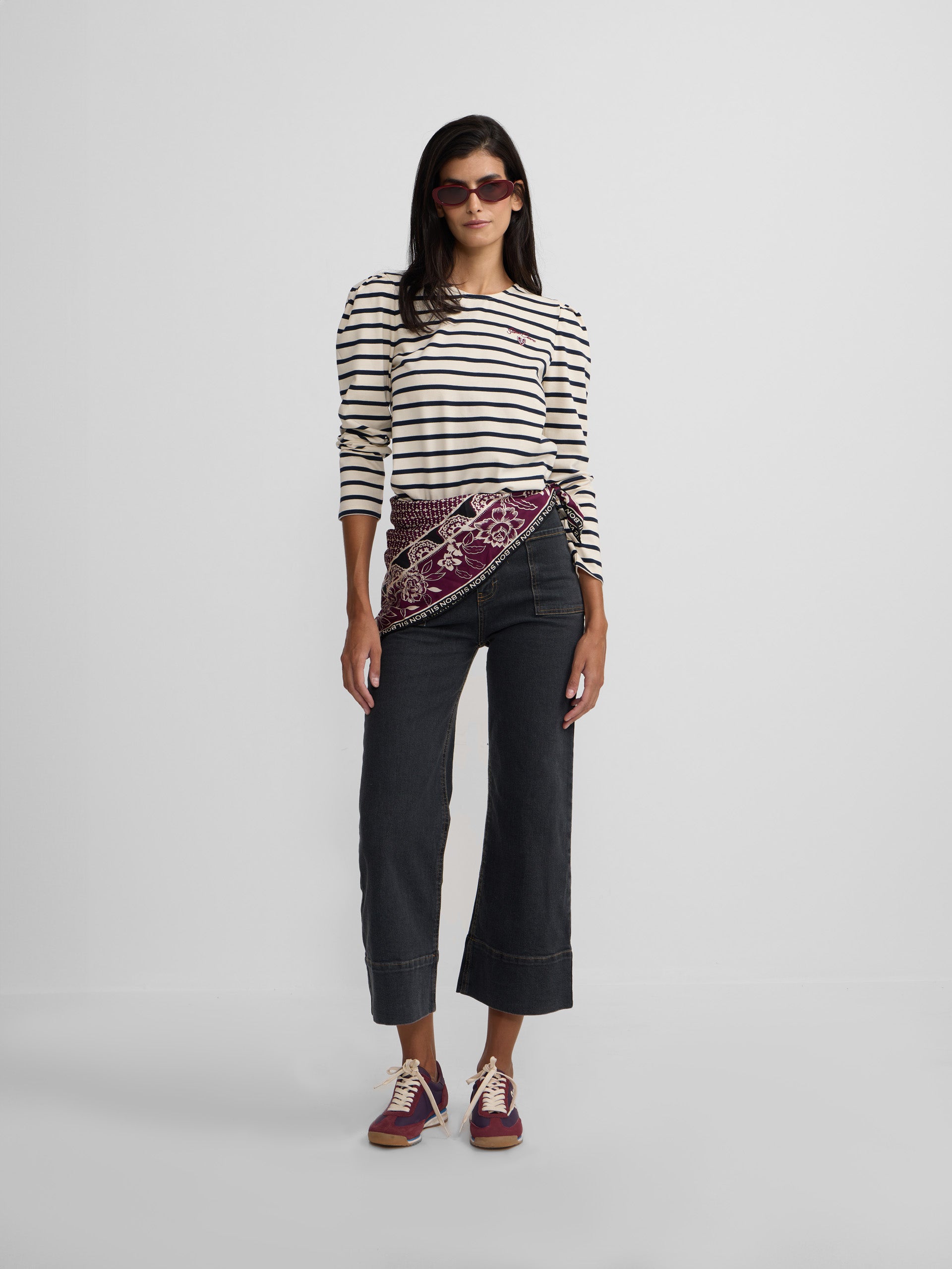 T-shirt femme boutons rayures bleu marine et crème