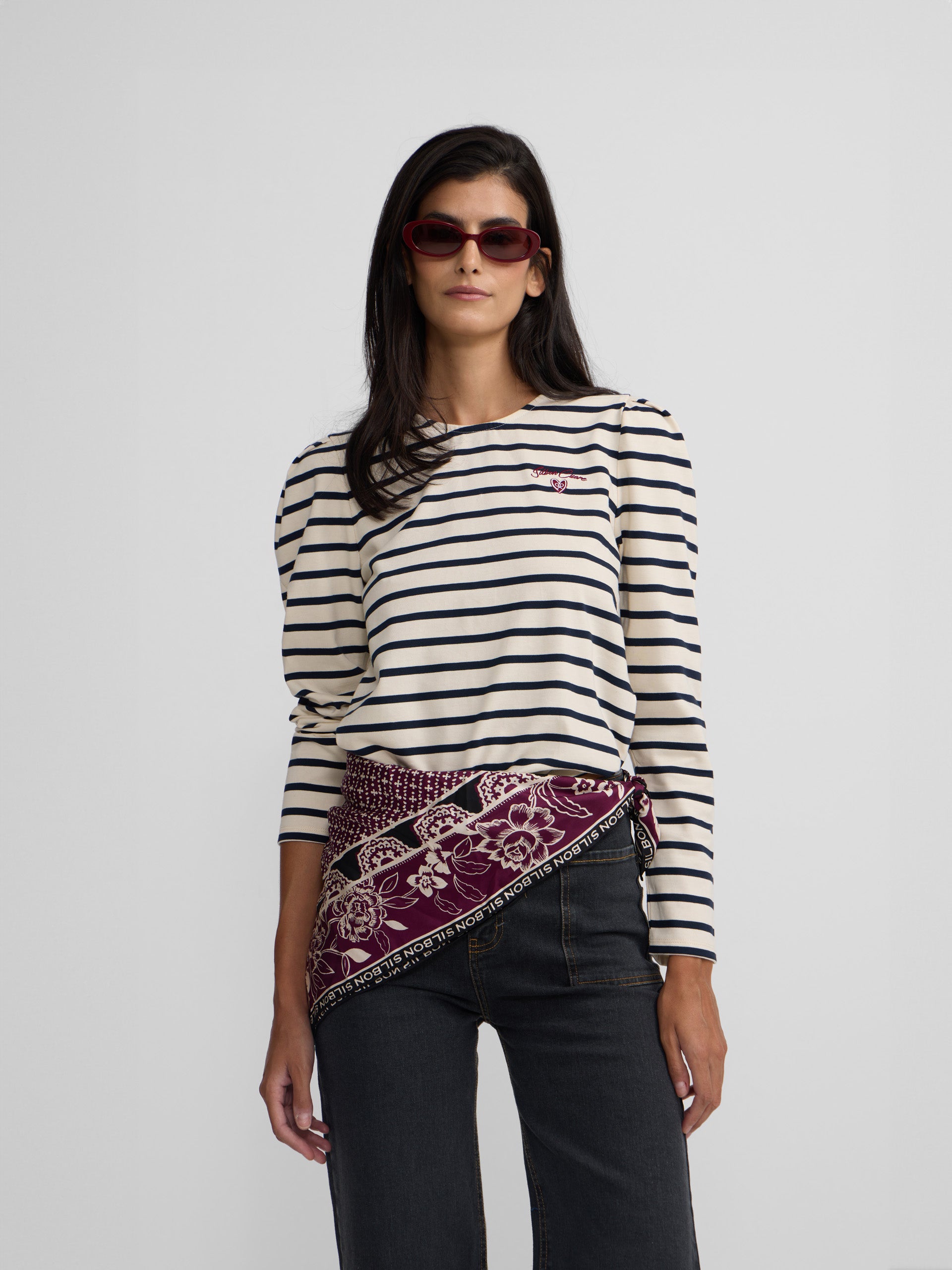 T-shirt femme boutons rayures bleu marine et crème