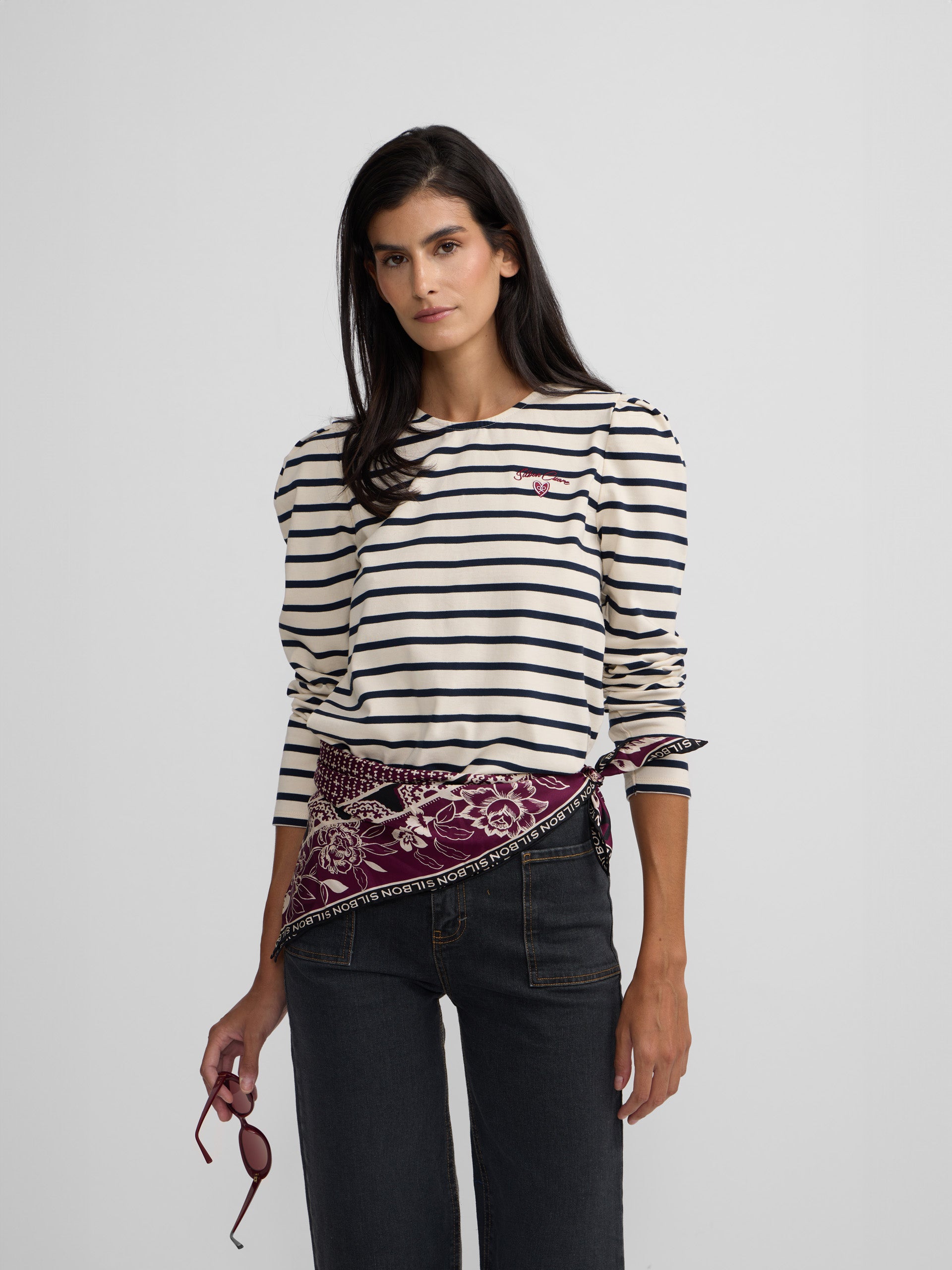 T-shirt femme boutons rayures bleu marine et crème