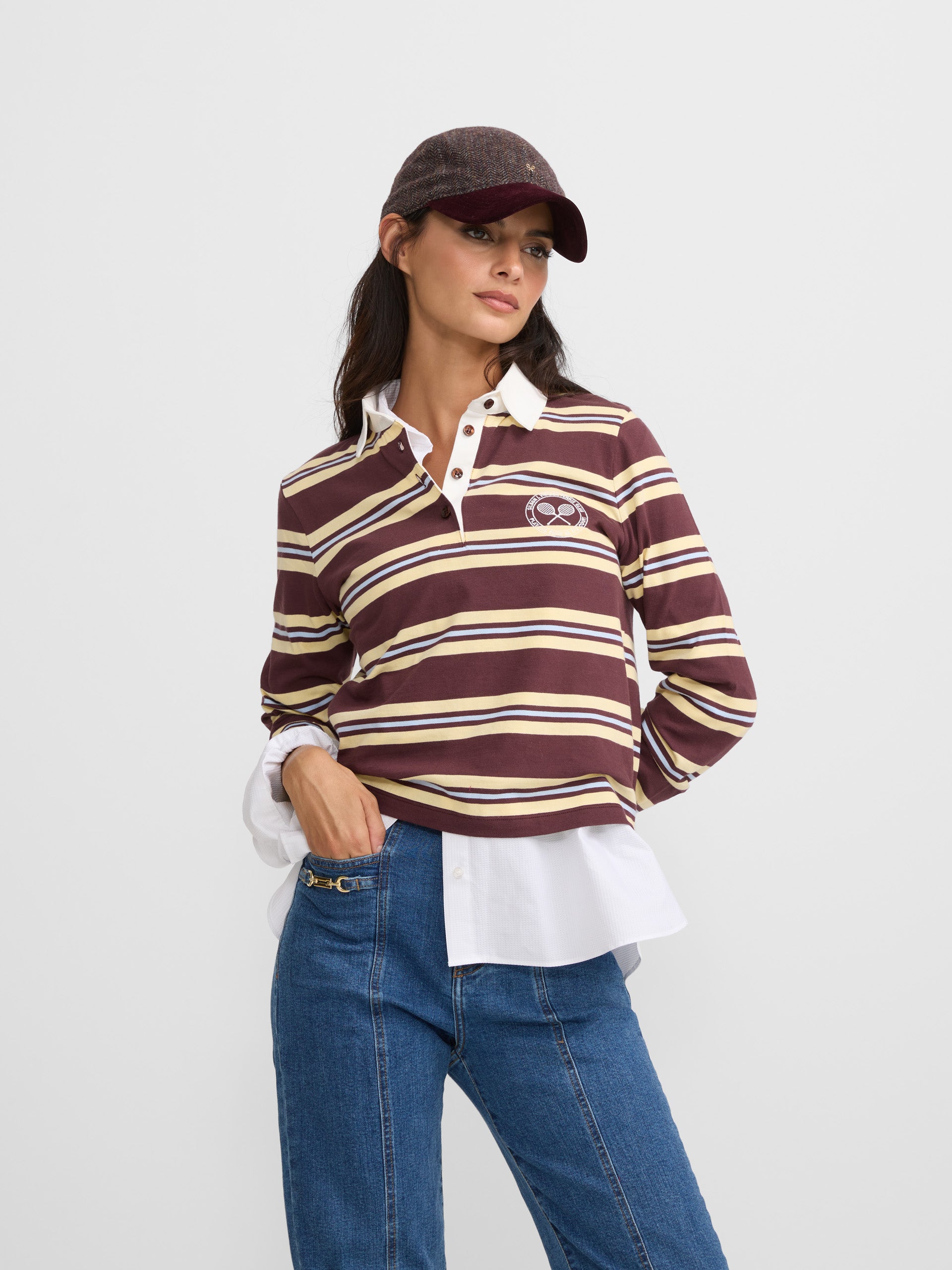 Women's polo shirt with burgundy and yellow stripes