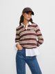 Women's polo shirt with burgundy and yellow stripes
