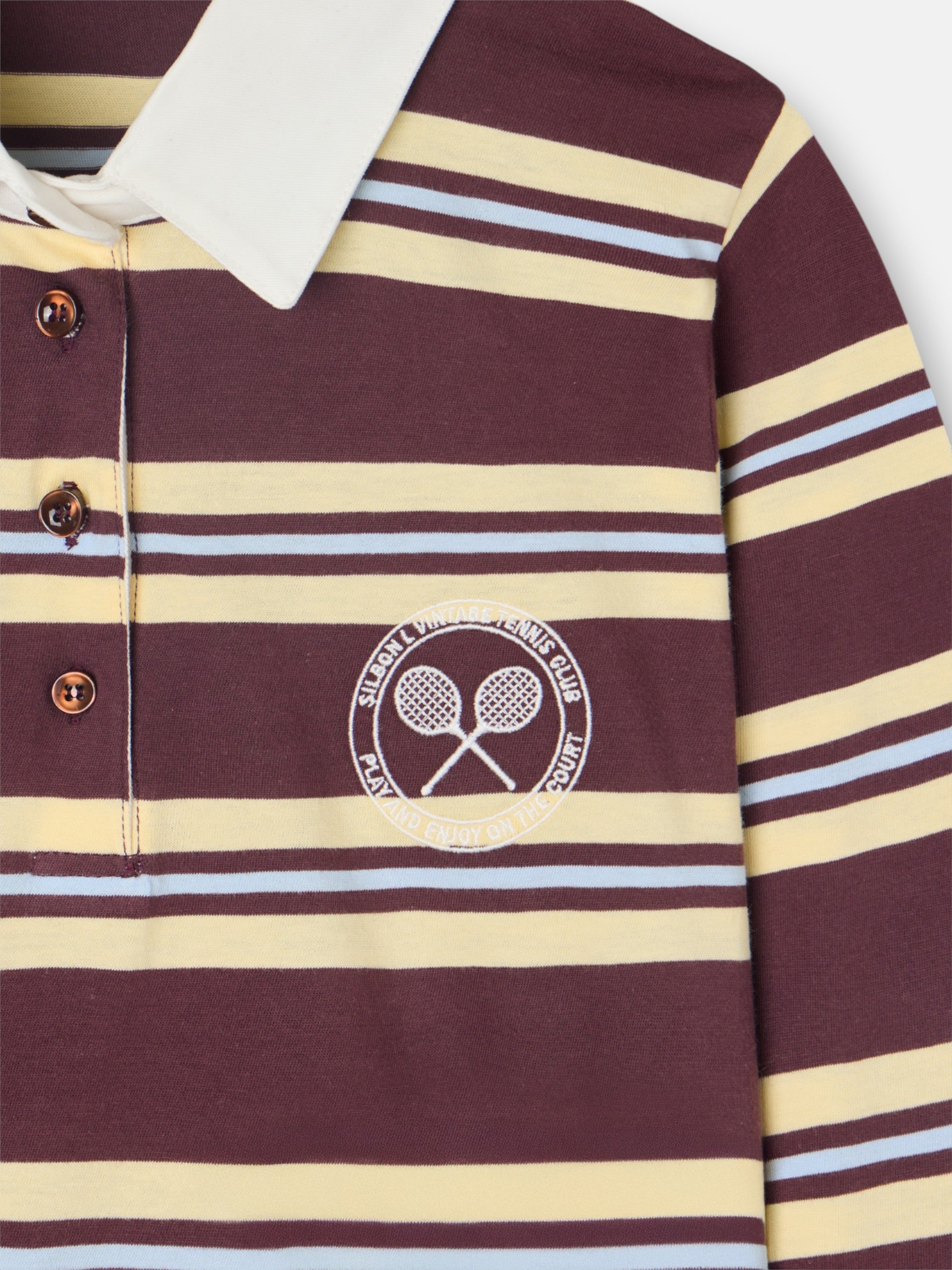 Women's polo shirt with burgundy and yellow stripes