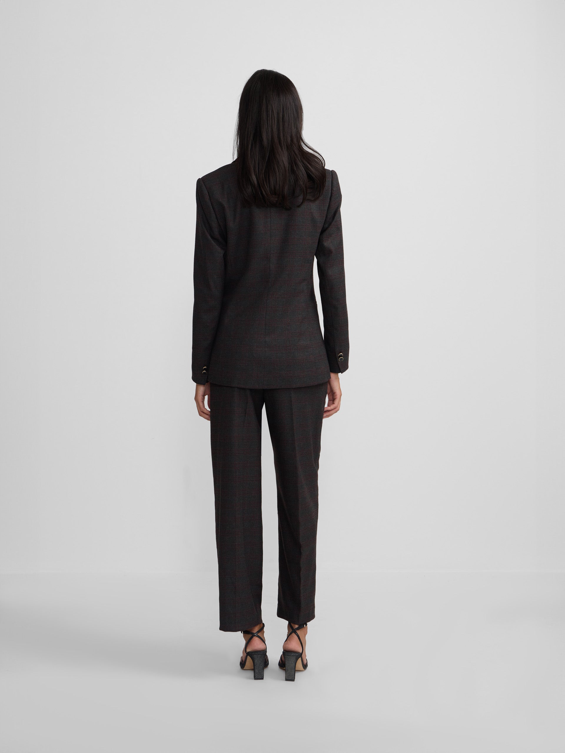 Blazer cruzado aos quadrados cinzentos e bordeaux