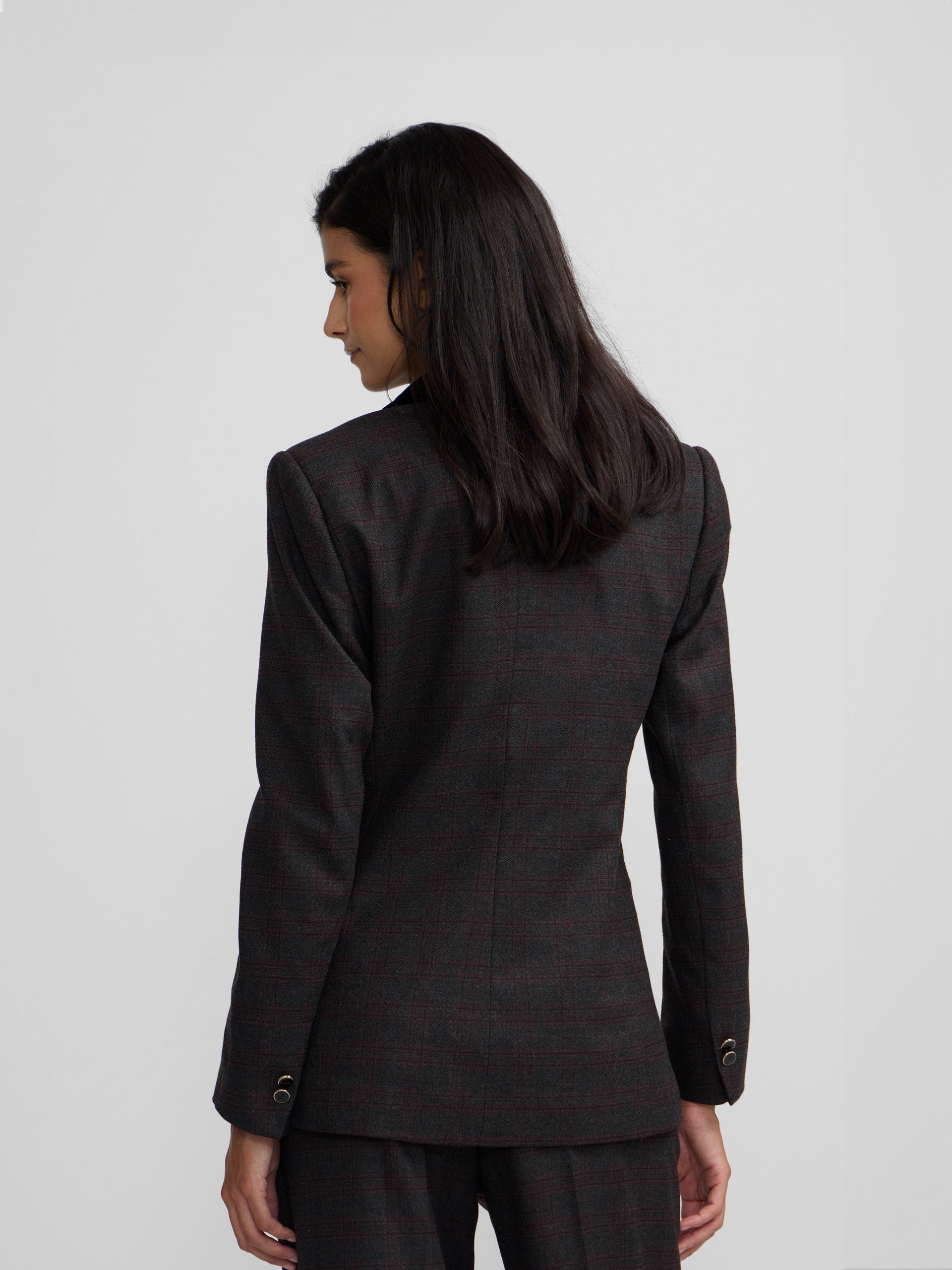 Blazer cruzado aos quadrados cinzentos e bordeaux