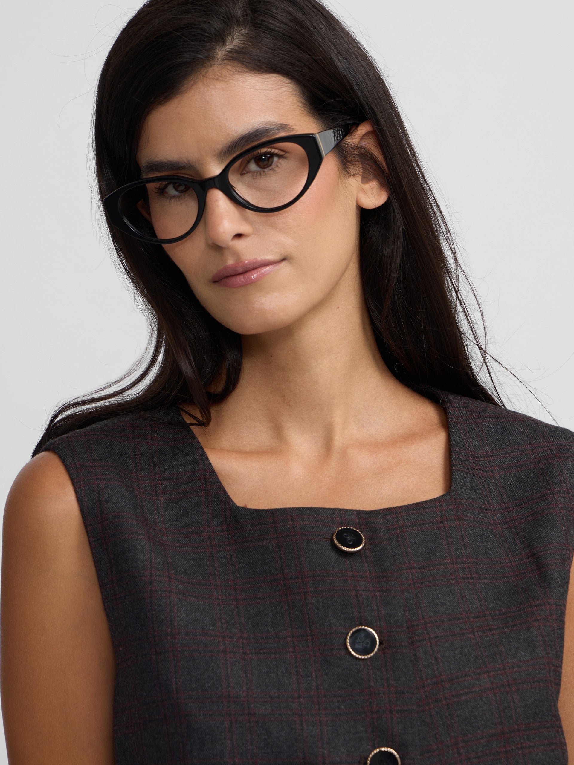 Chaleco largo cuadros grises y burdeos