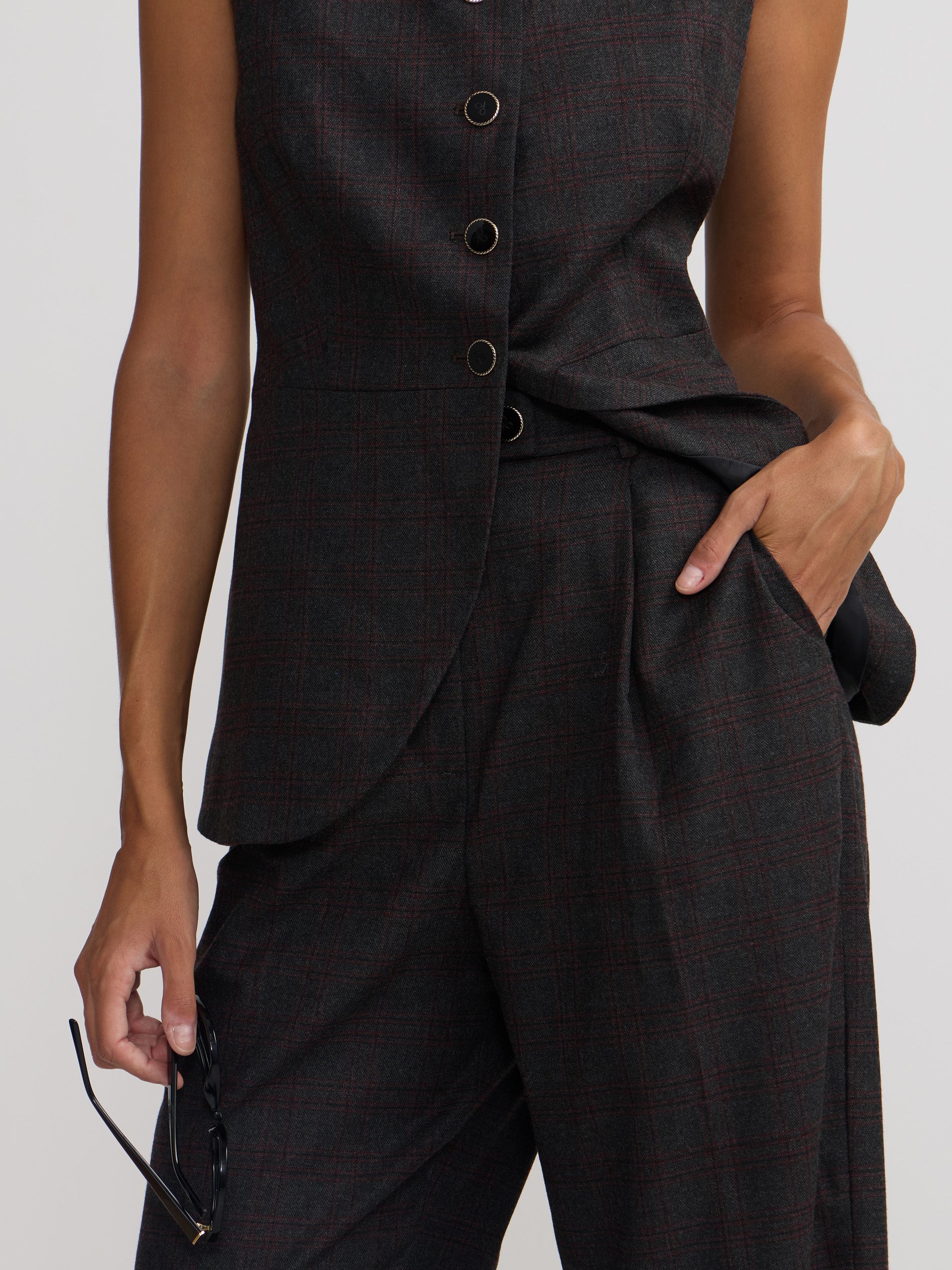 Gray and burgundy checked dress pants