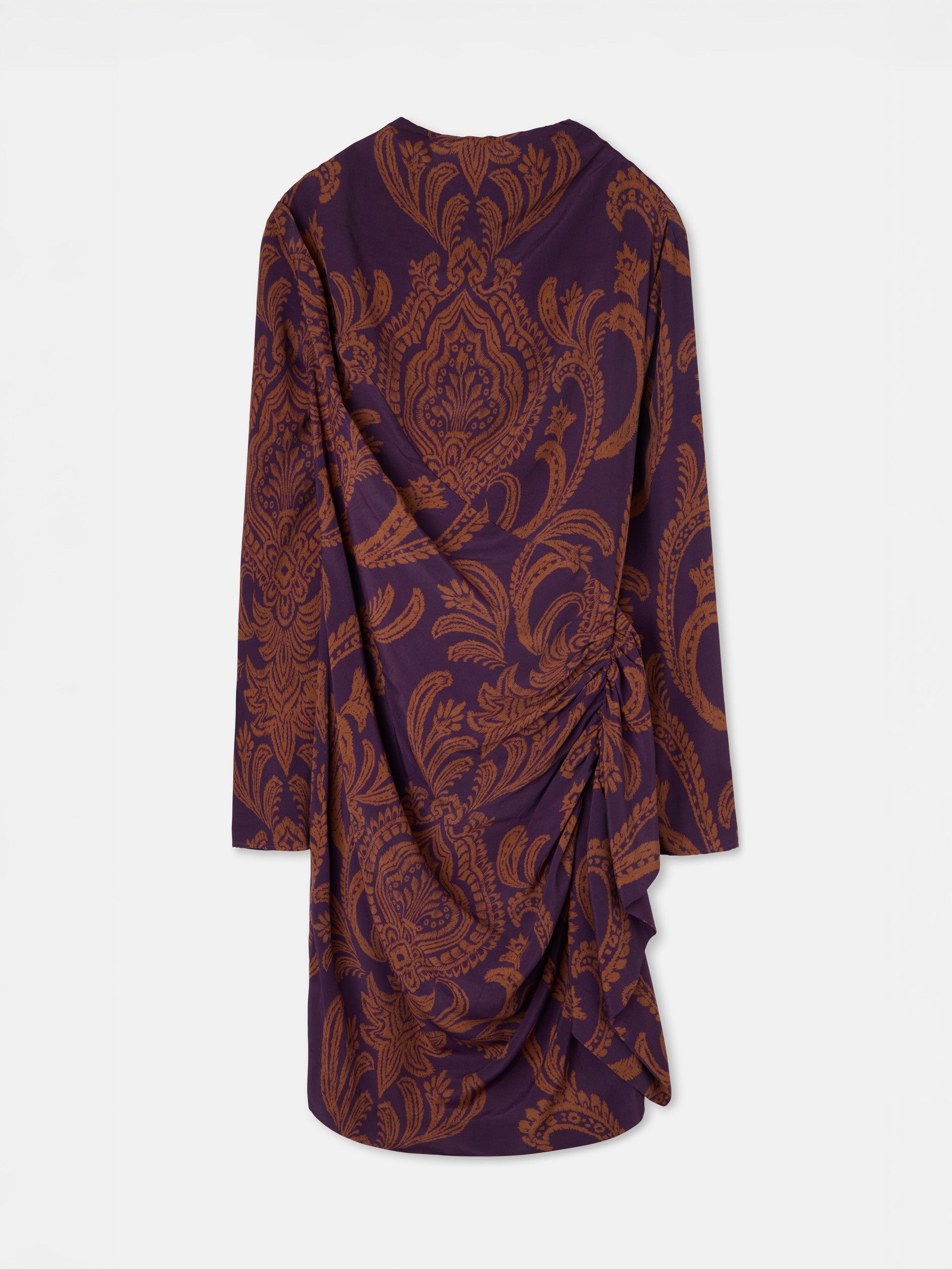 Vestido mini drapeado estampado morado y camel