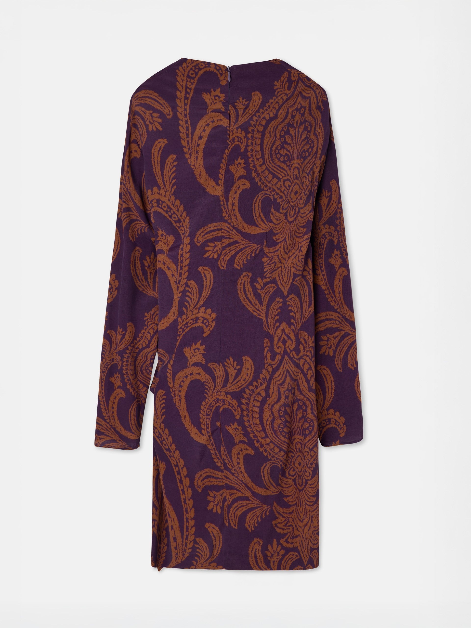 Vestido mini drapeado estampado morado y camel