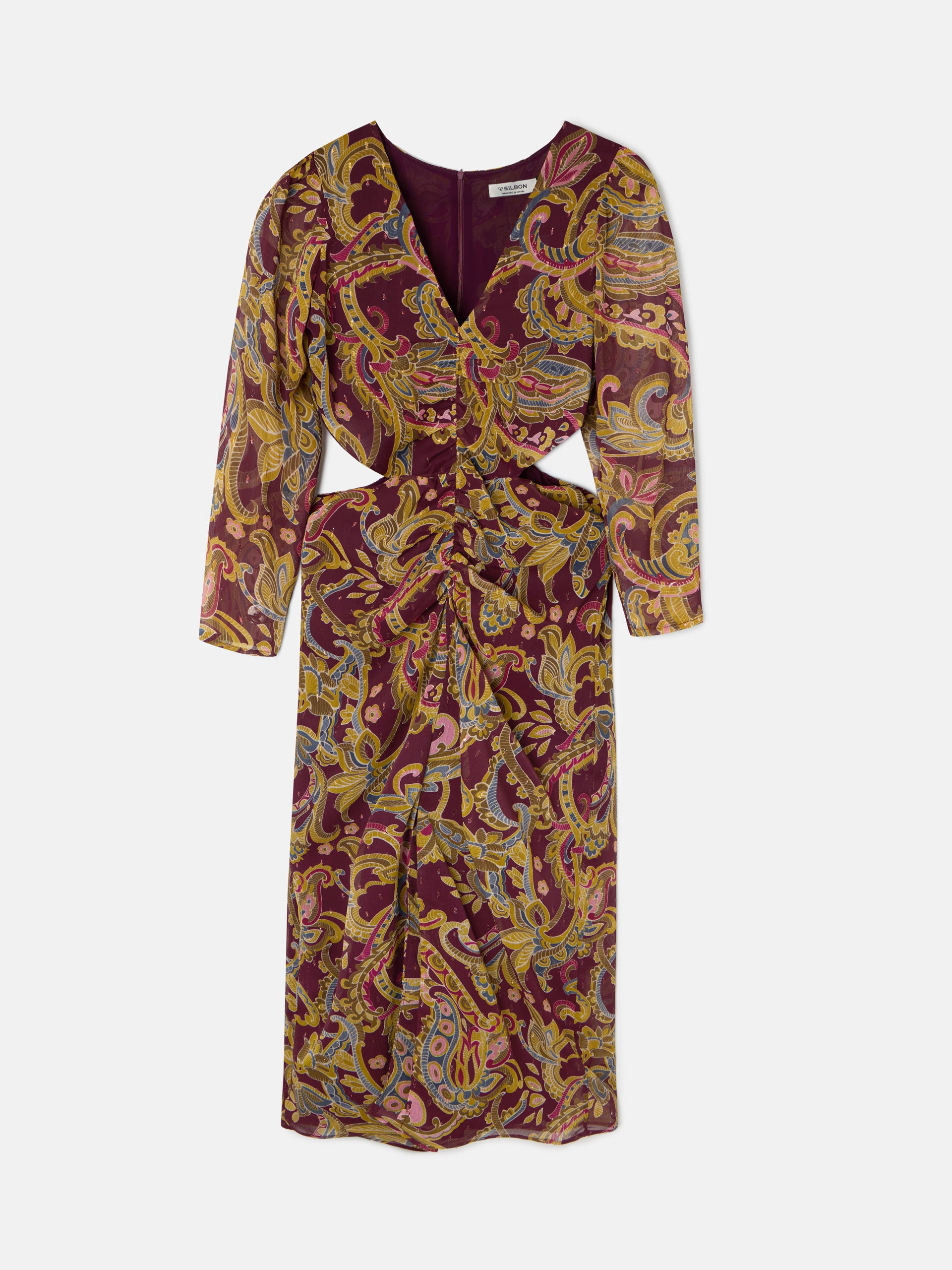 Vestido largo abertura estampado cachemir burdeos