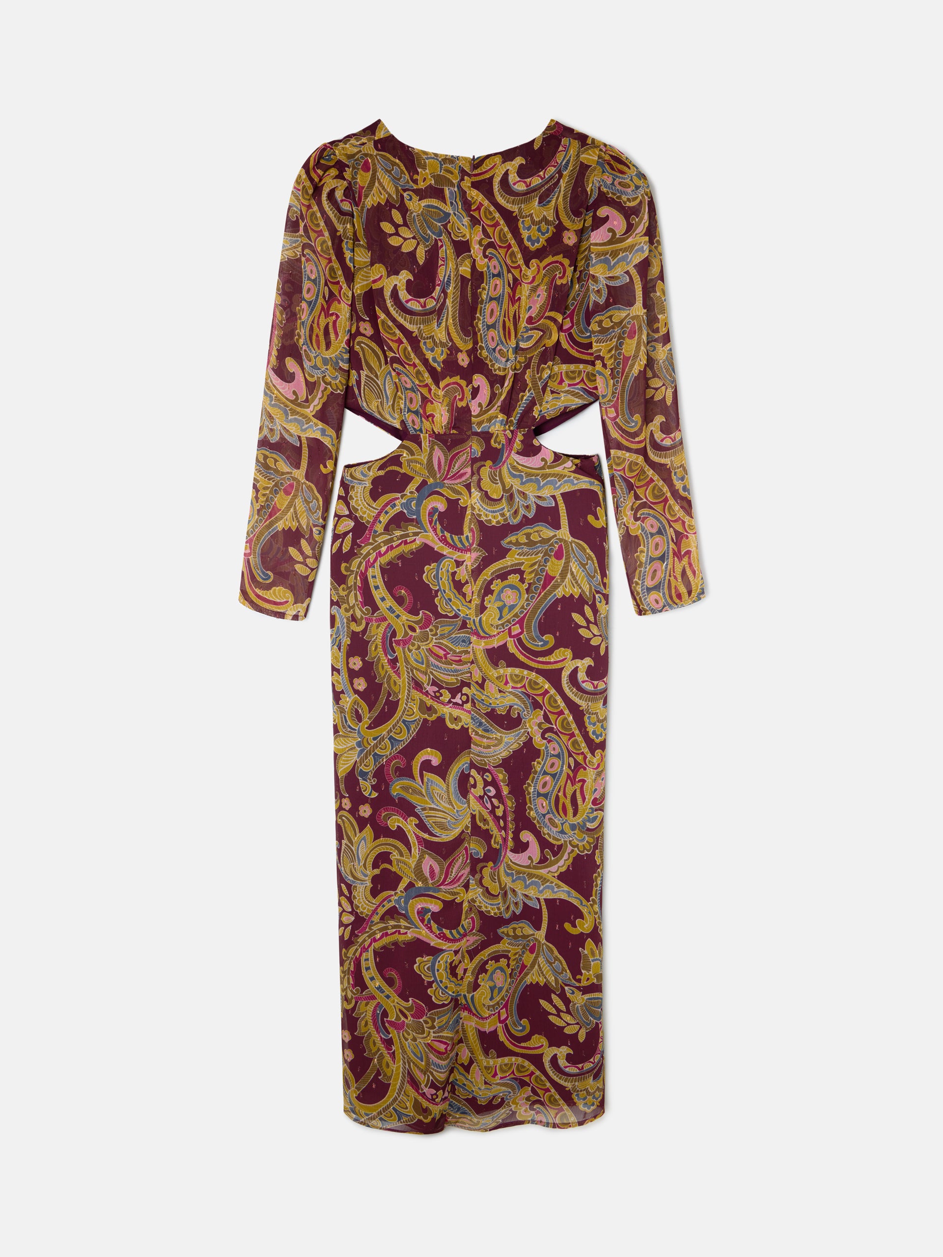 Vestido largo abertura estampado cachemir burdeos