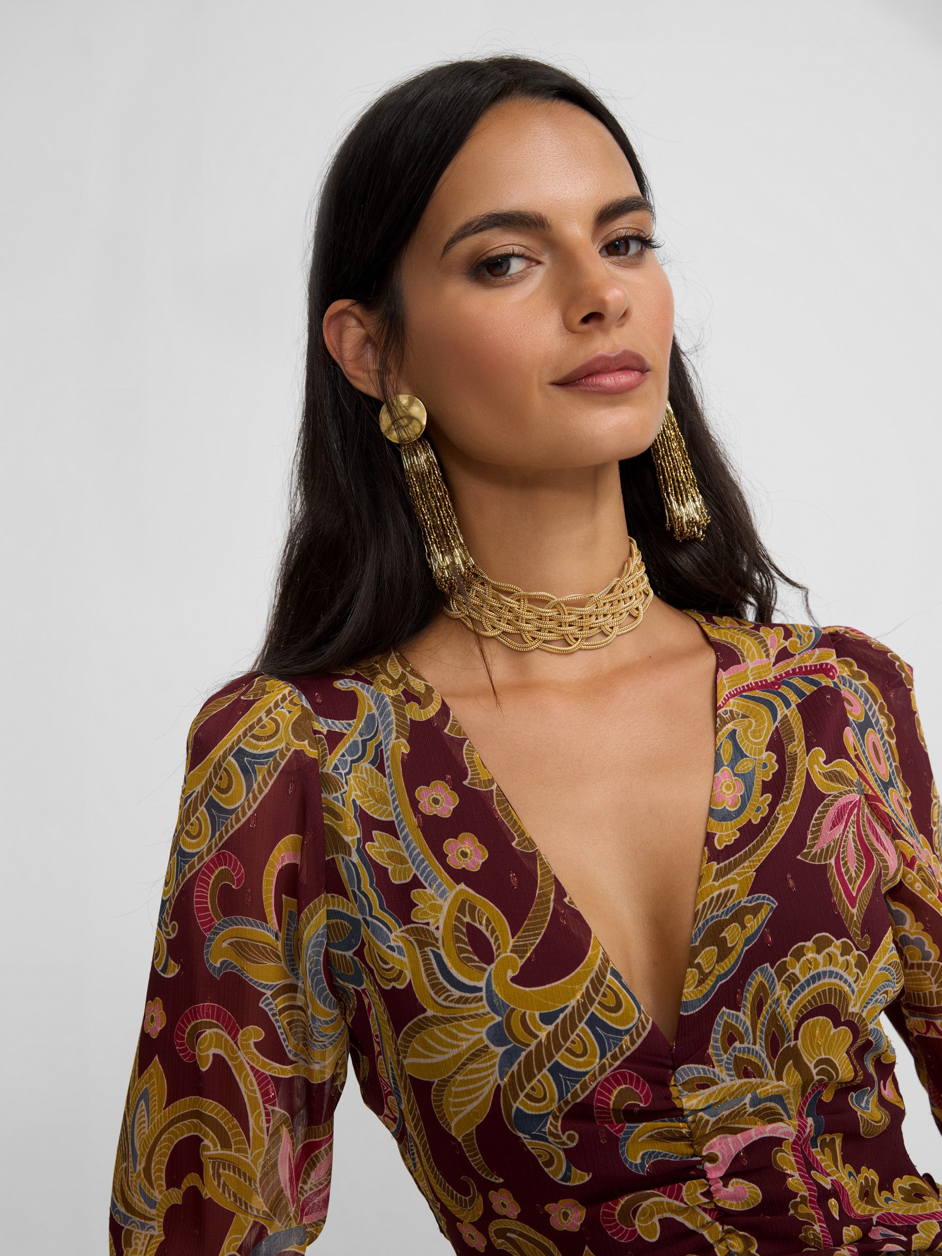 Vestido largo abertura estampado cachemir burdeos