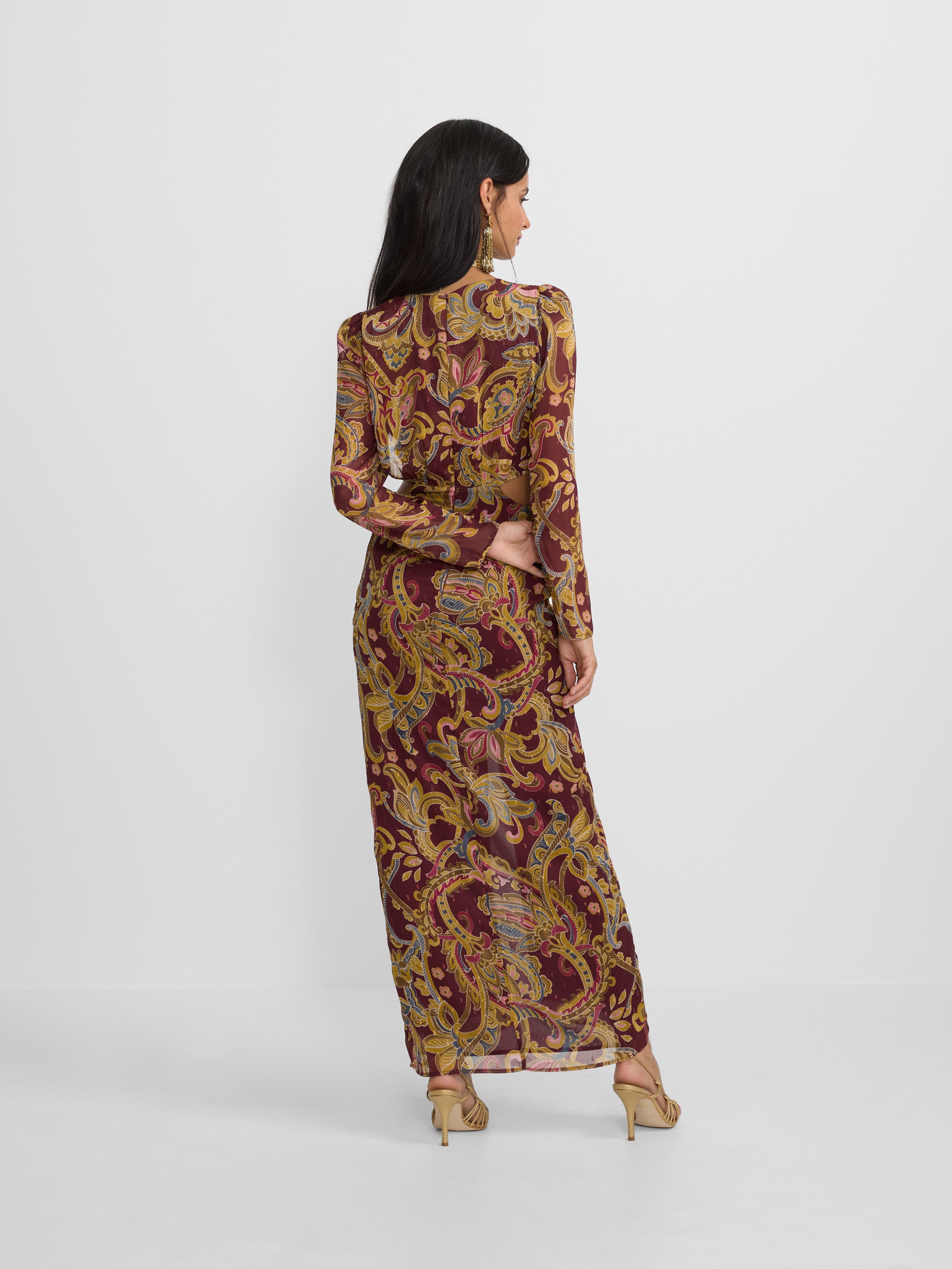 Vestido largo abertura estampado cachemir burdeos