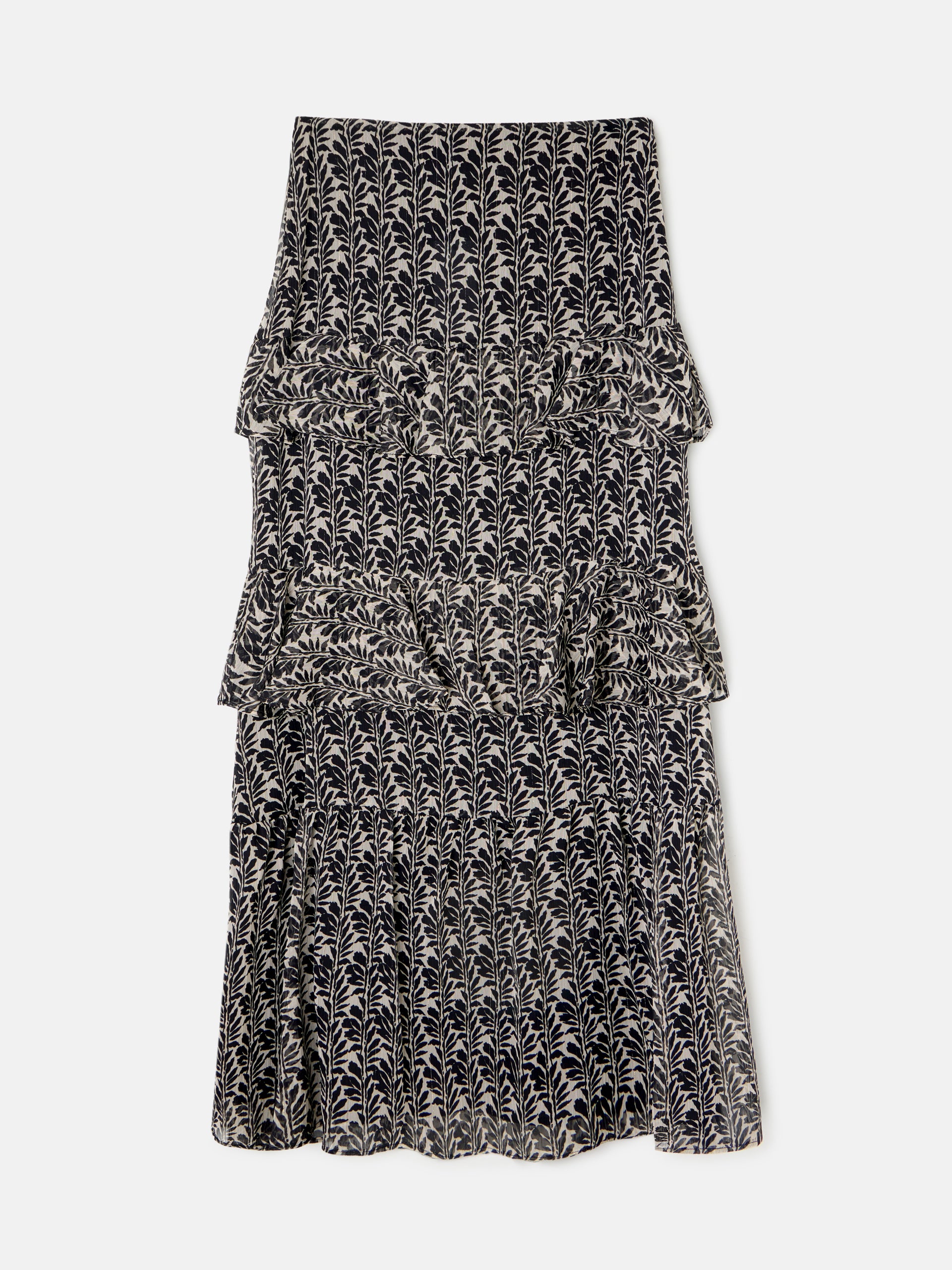 Saia comprida com folhos estampada preta