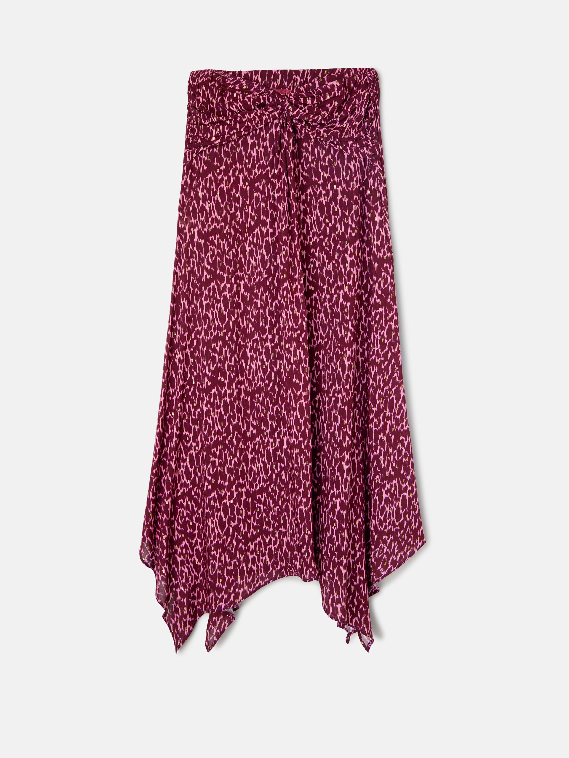Purple lurex print asymmetrical midi skirt