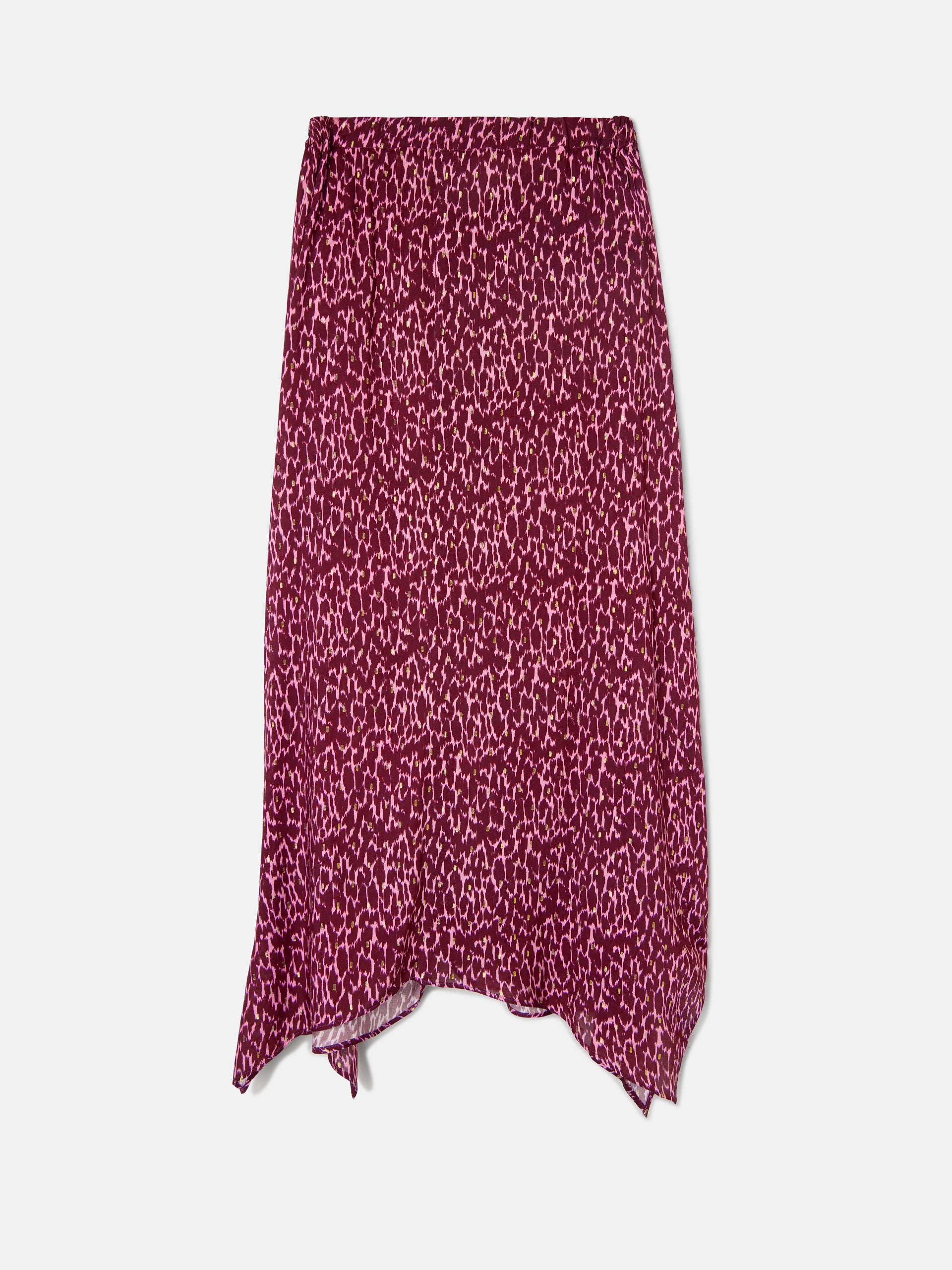 Purple lurex print asymmetrical midi skirt