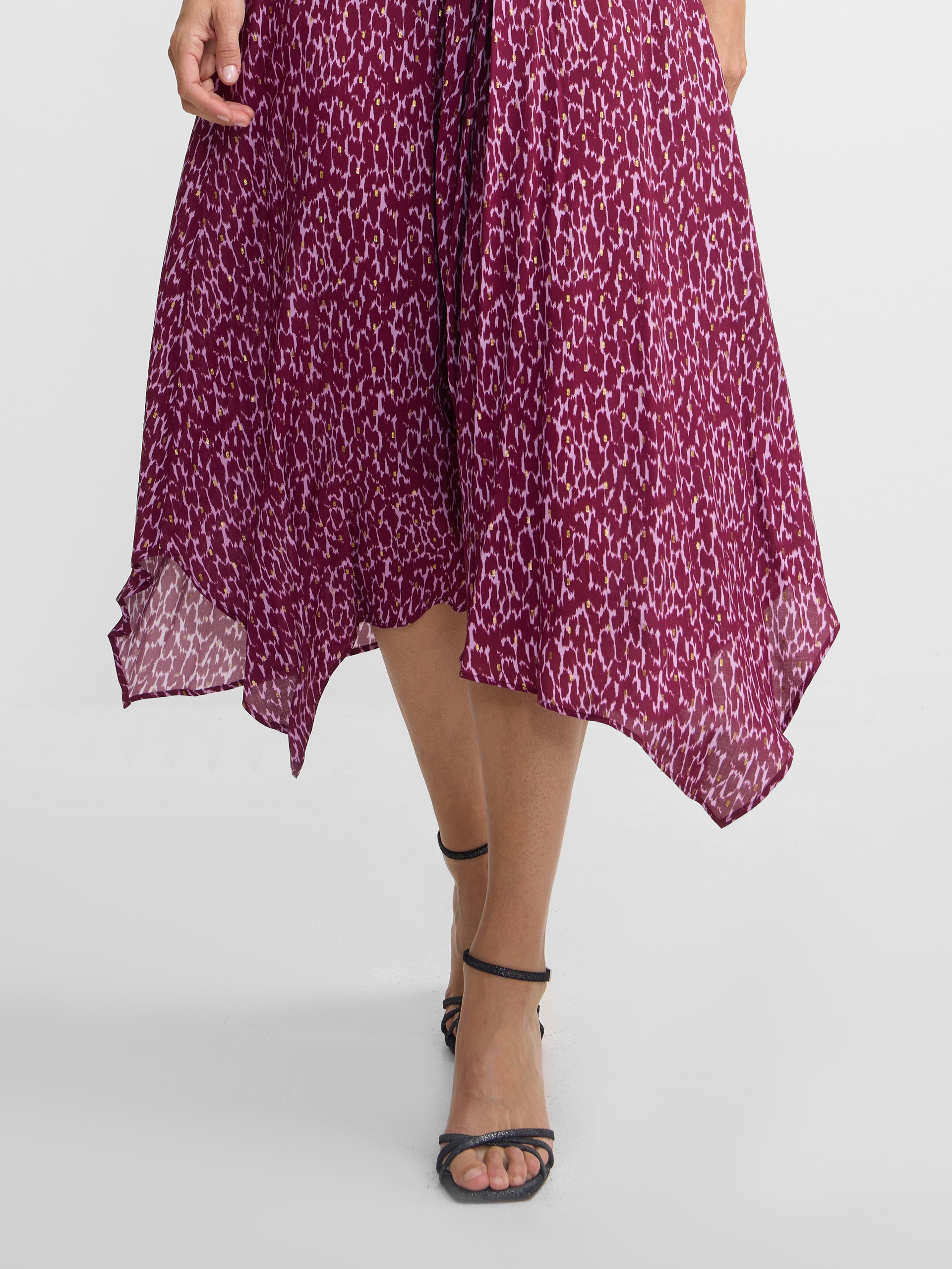 Purple lurex print asymmetrical midi skirt