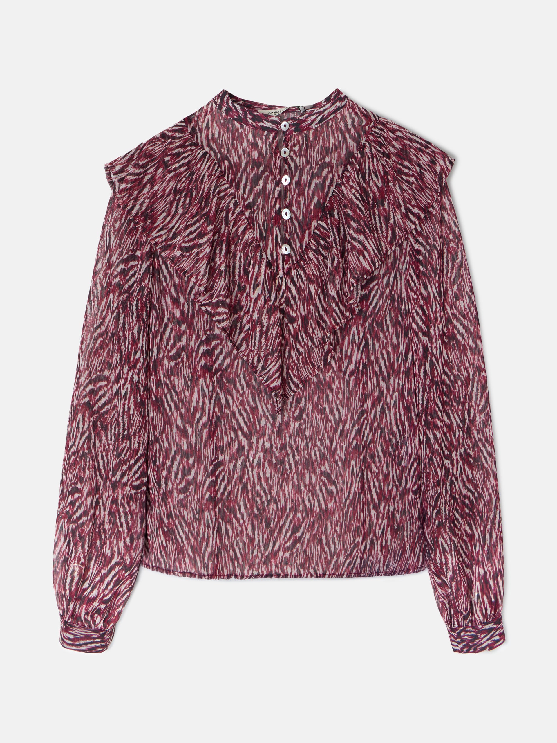 Blusa volante estampado animal print burdeos