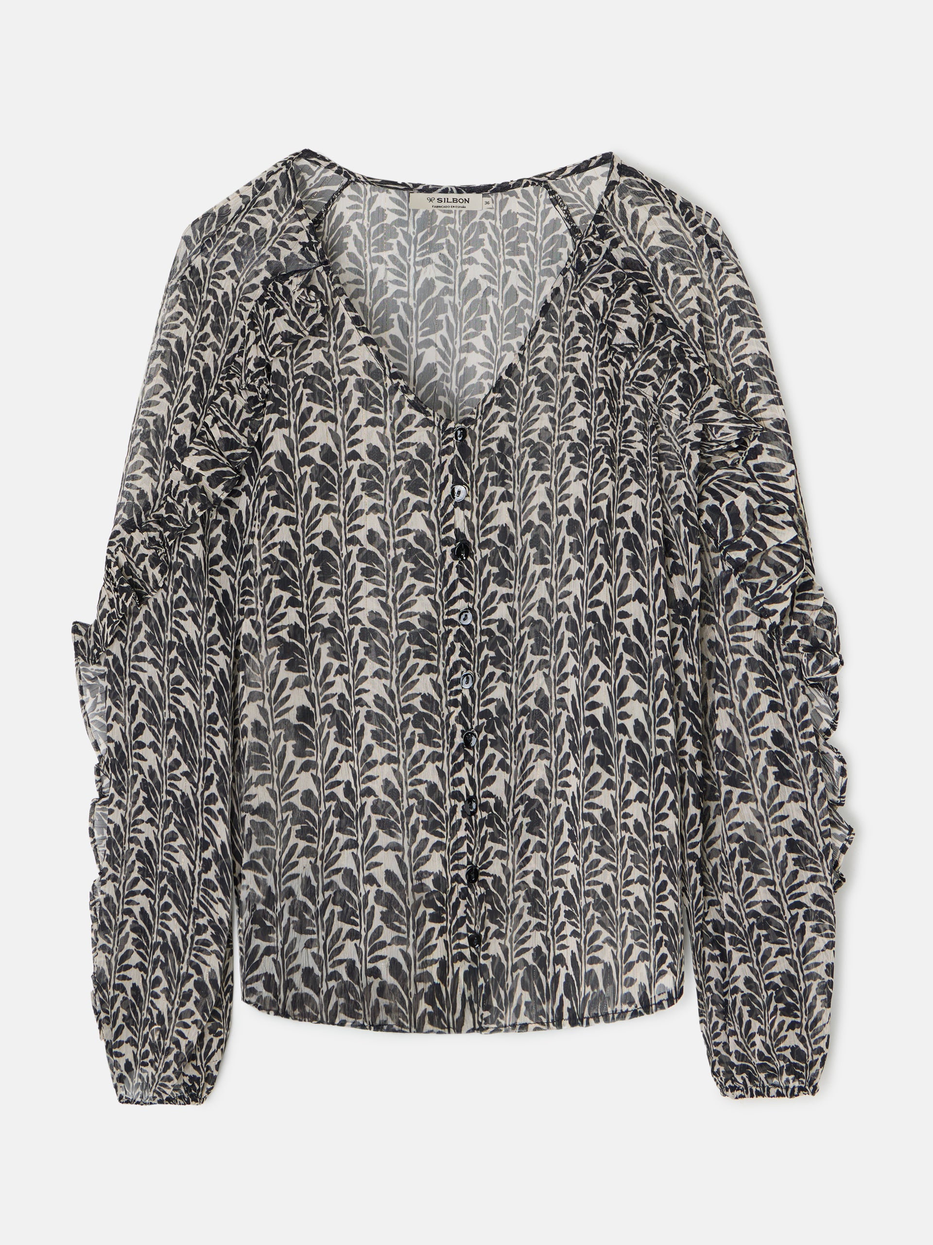 Blusa com folhos estampada em preto