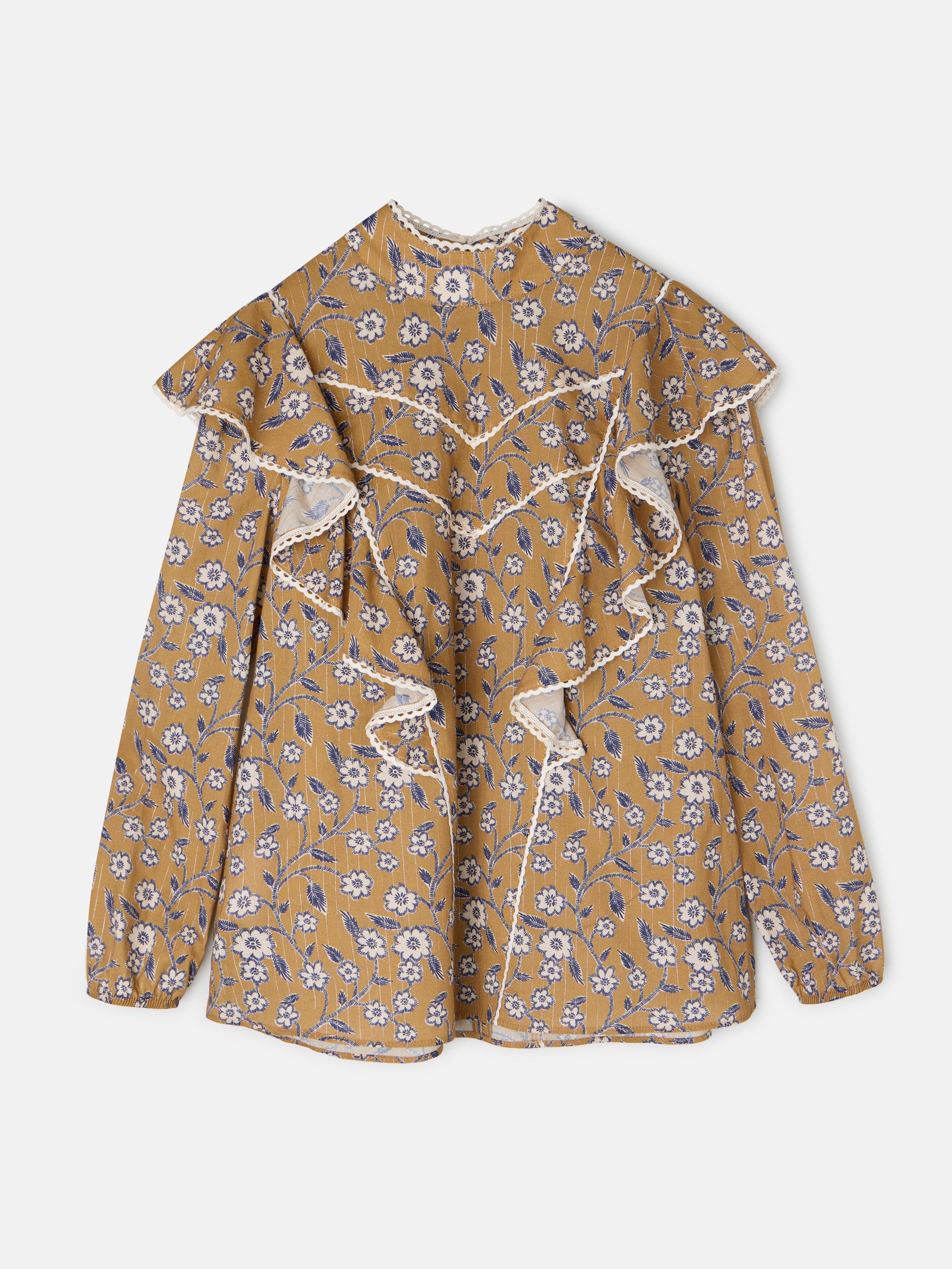 Blusa com folhos e estampado floral camel