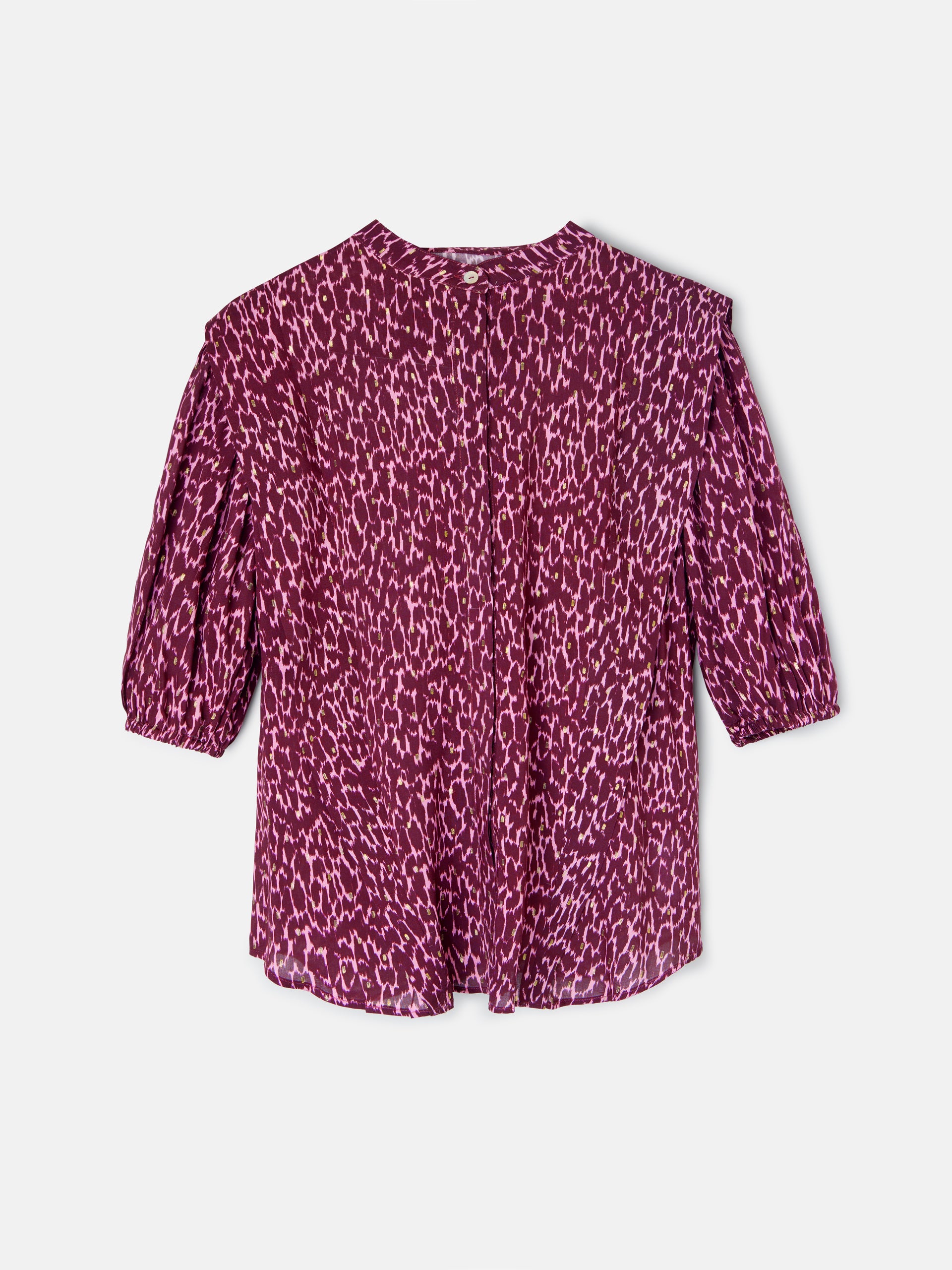 Short-sleeved blouse with purple lurex print