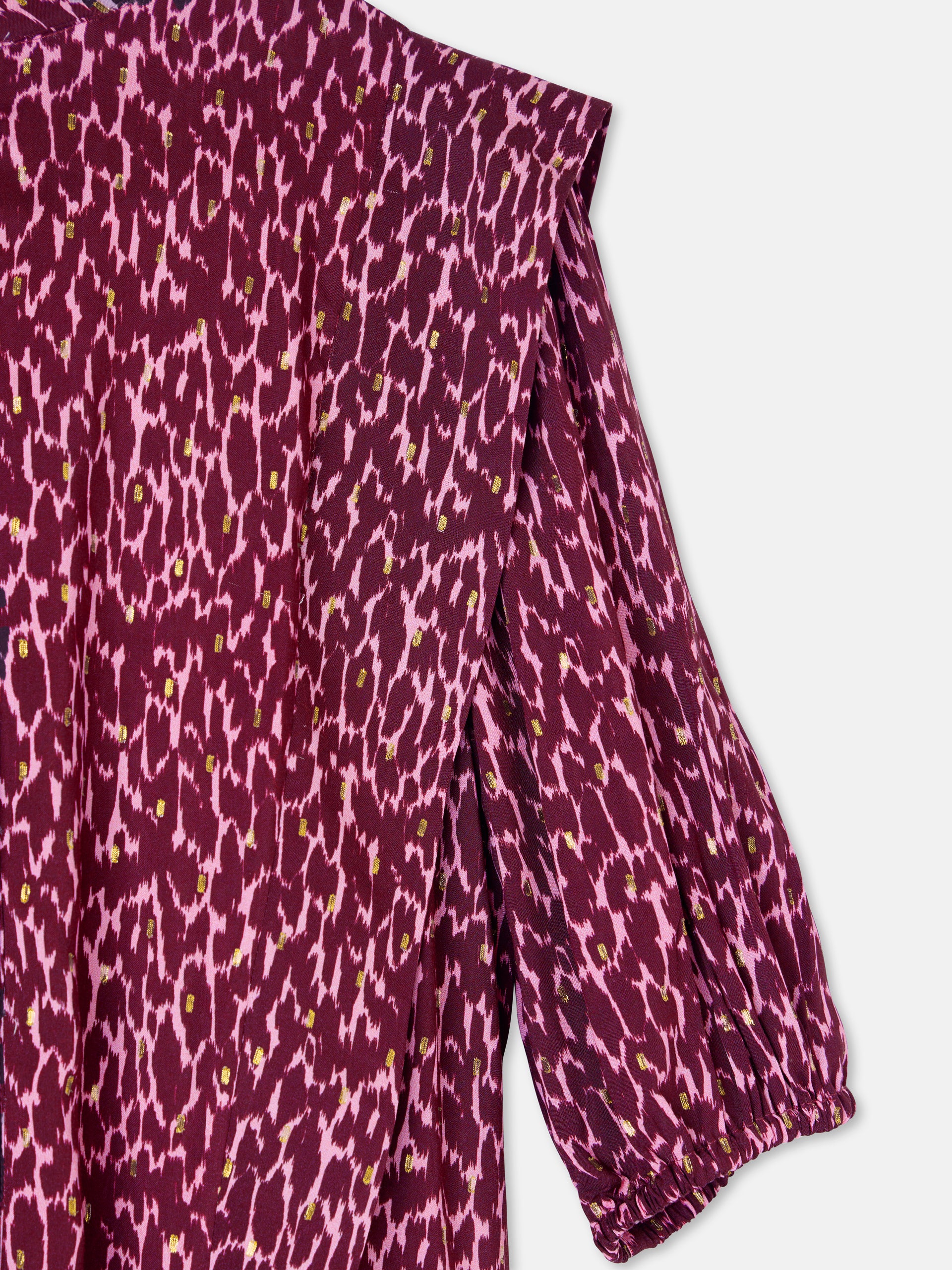 Short-sleeved blouse with purple lurex print