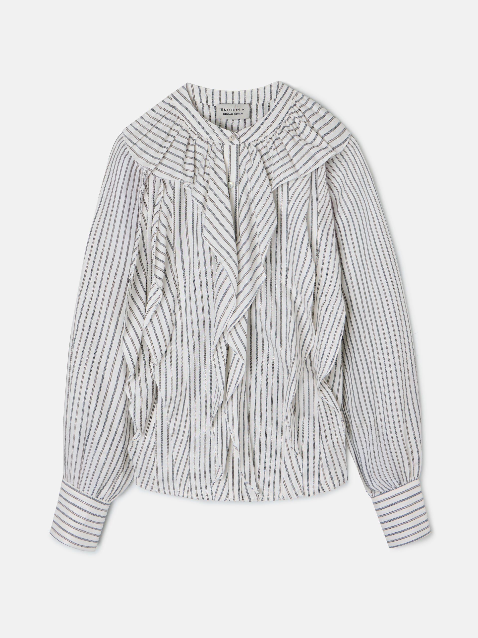 Blusa branca com folhos e riscas