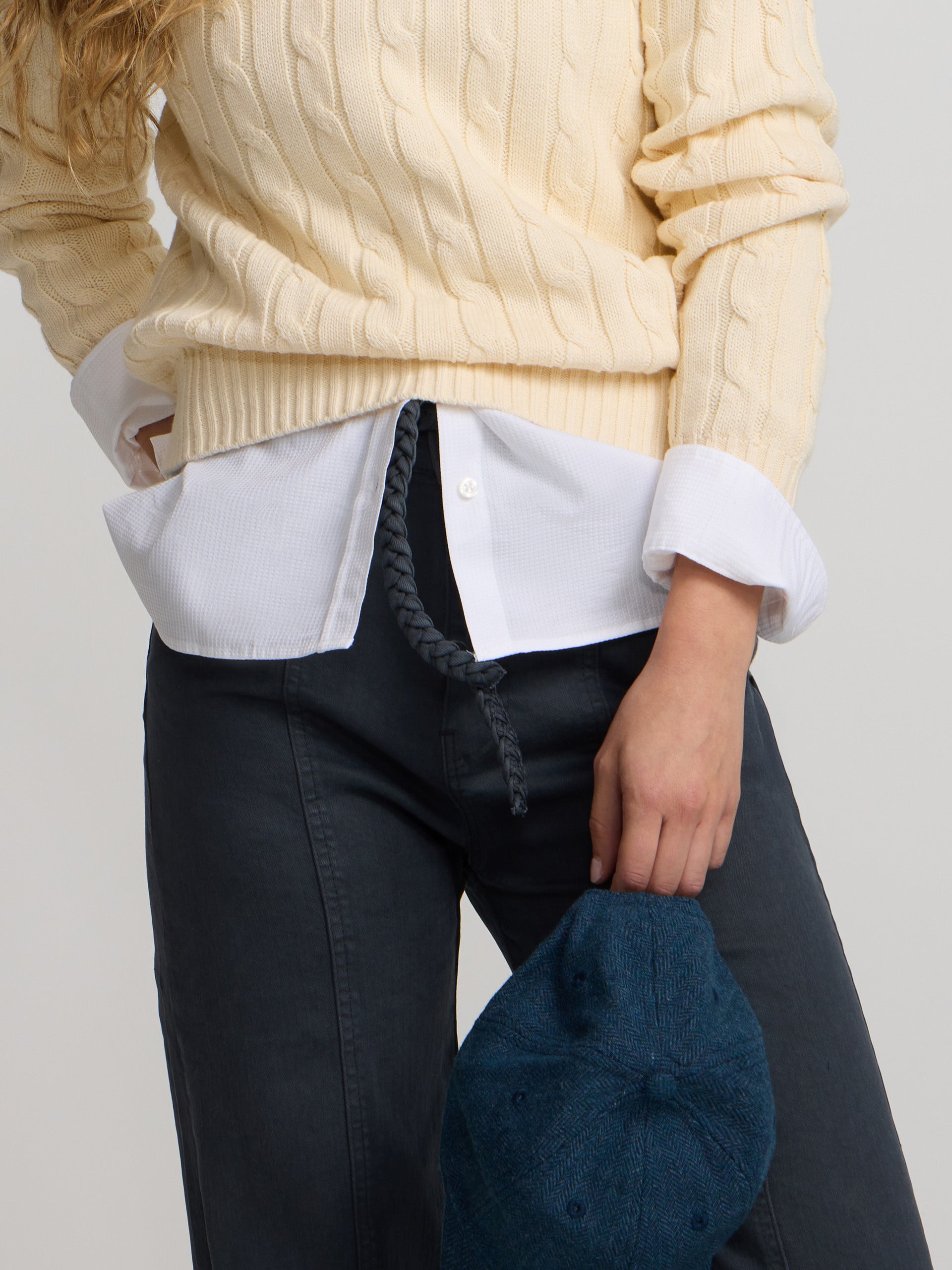 Dark grey denim pants with braided belt