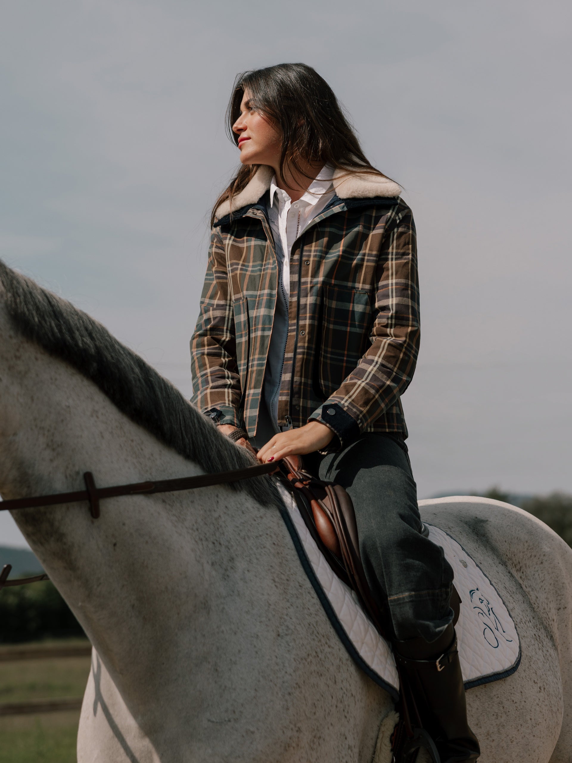 Veste en peau de mouton cirée à carreaux verts