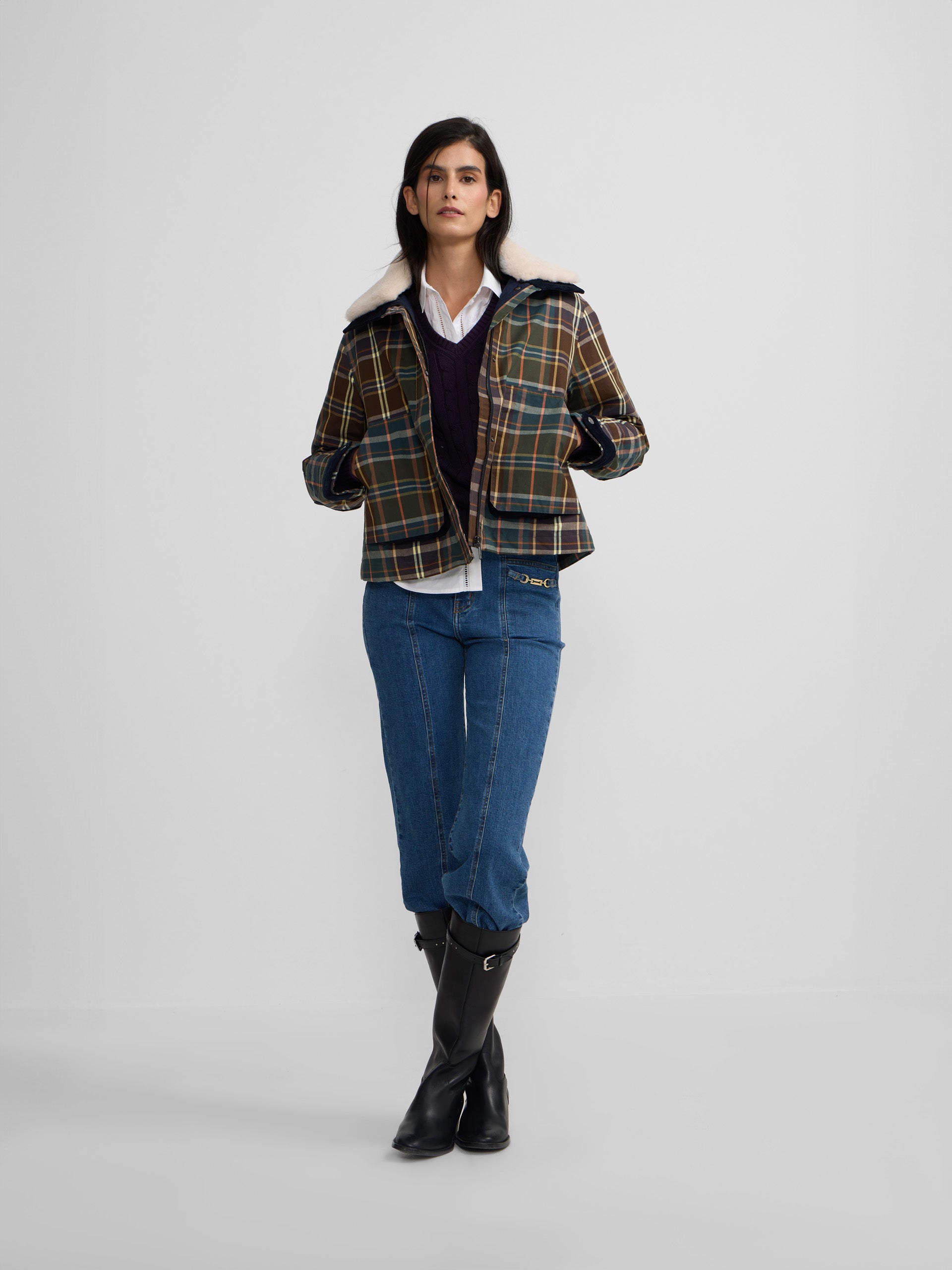 Veste en peau de mouton cirée à carreaux verts