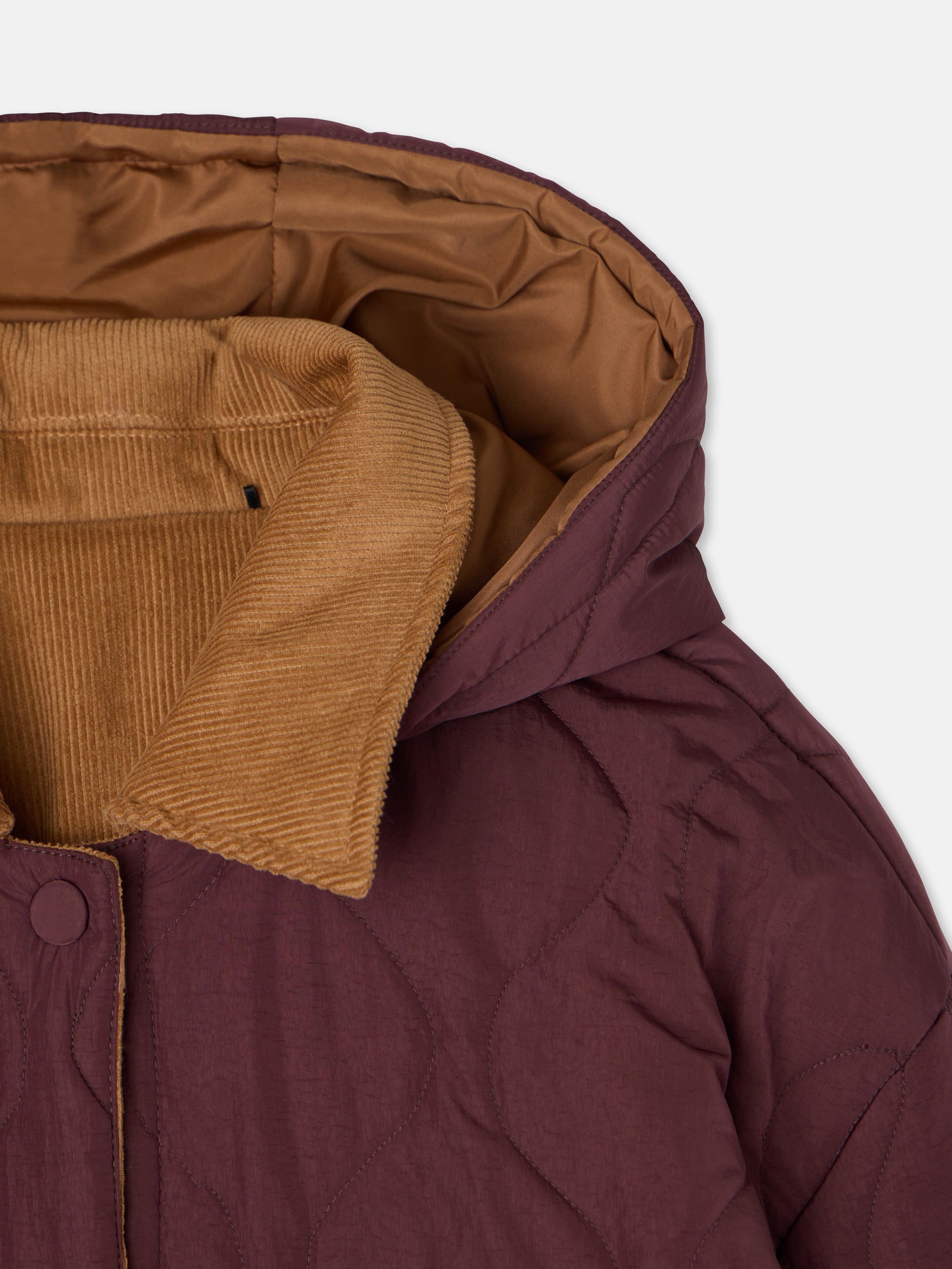 Parka larga acolchada detalles pana burdeos