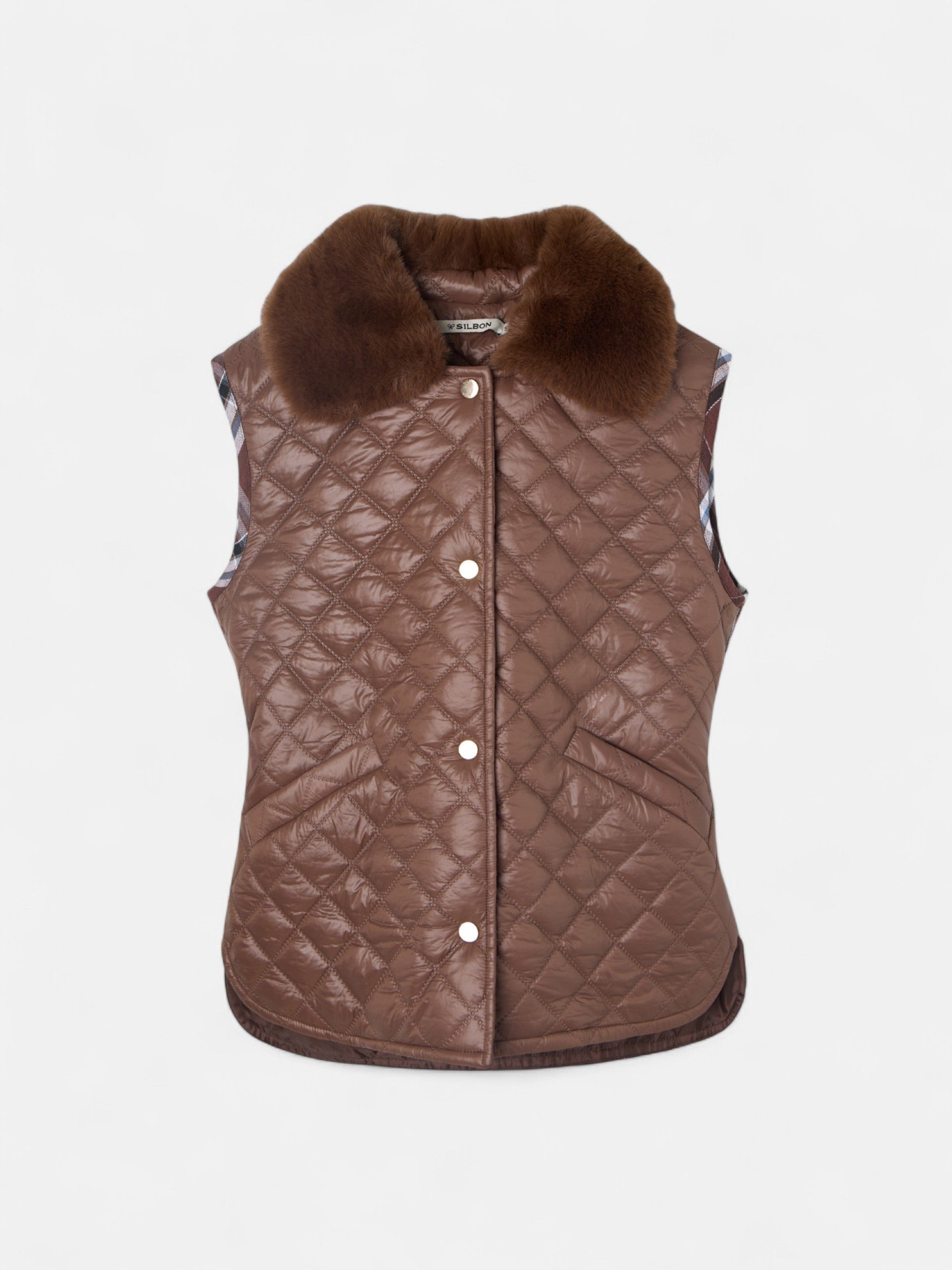 Colete acolchoado em tecido combinado castanho