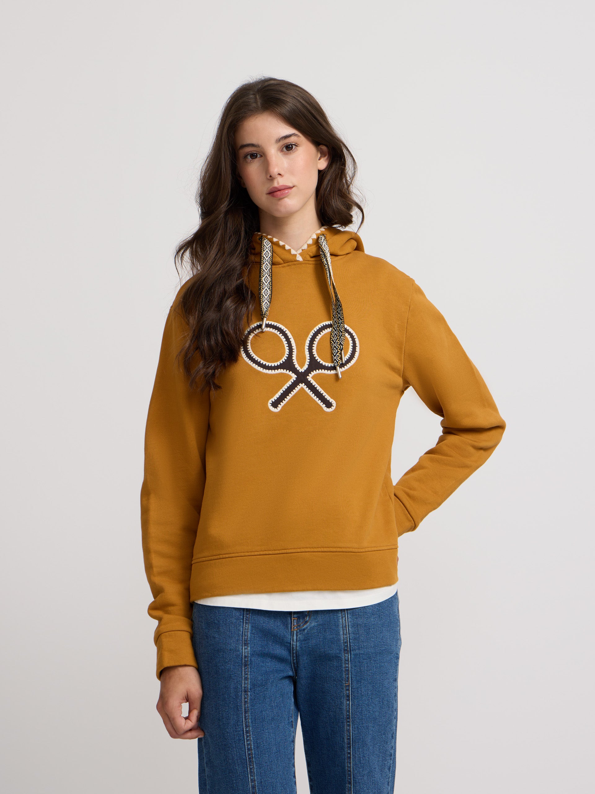 Sweatshirt mulher raquete pespontos camel